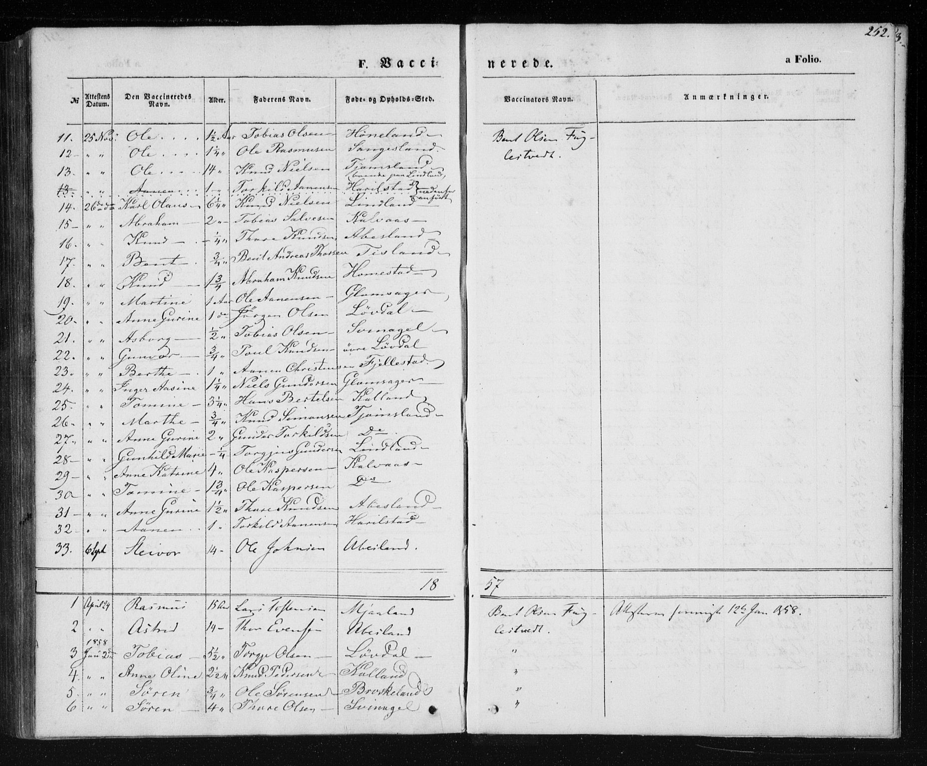 Holum sokneprestkontor, AV/SAK-1111-0022/F/Fa/Fab/L0005: Parish register (official) no. A 5, 1847-1874, p. 252