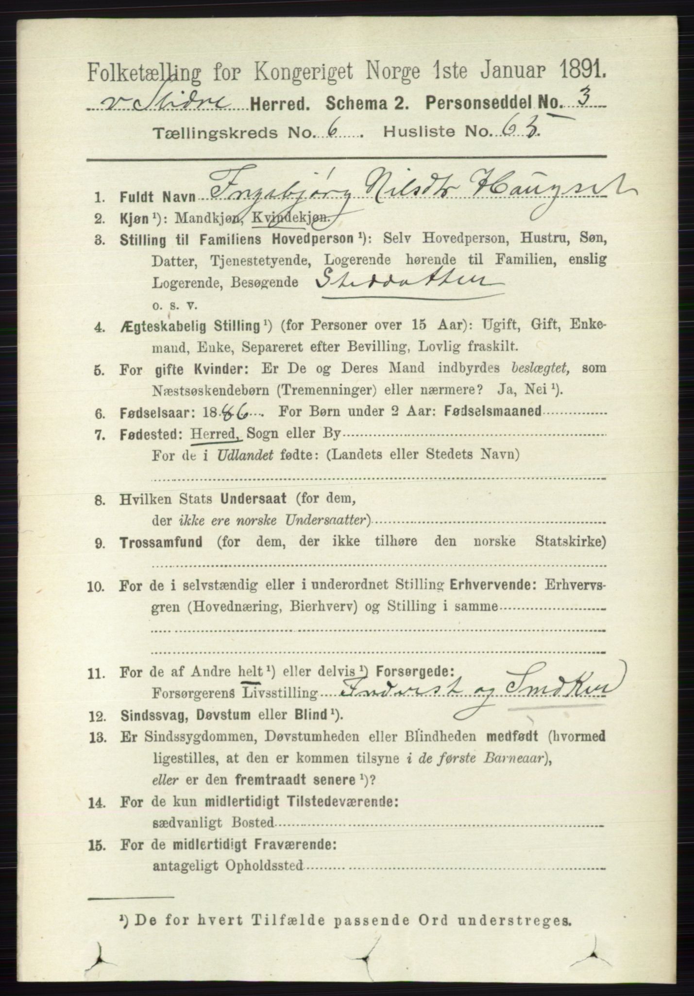 RA, 1891 census for 0543 Vestre Slidre, 1891, p. 2464