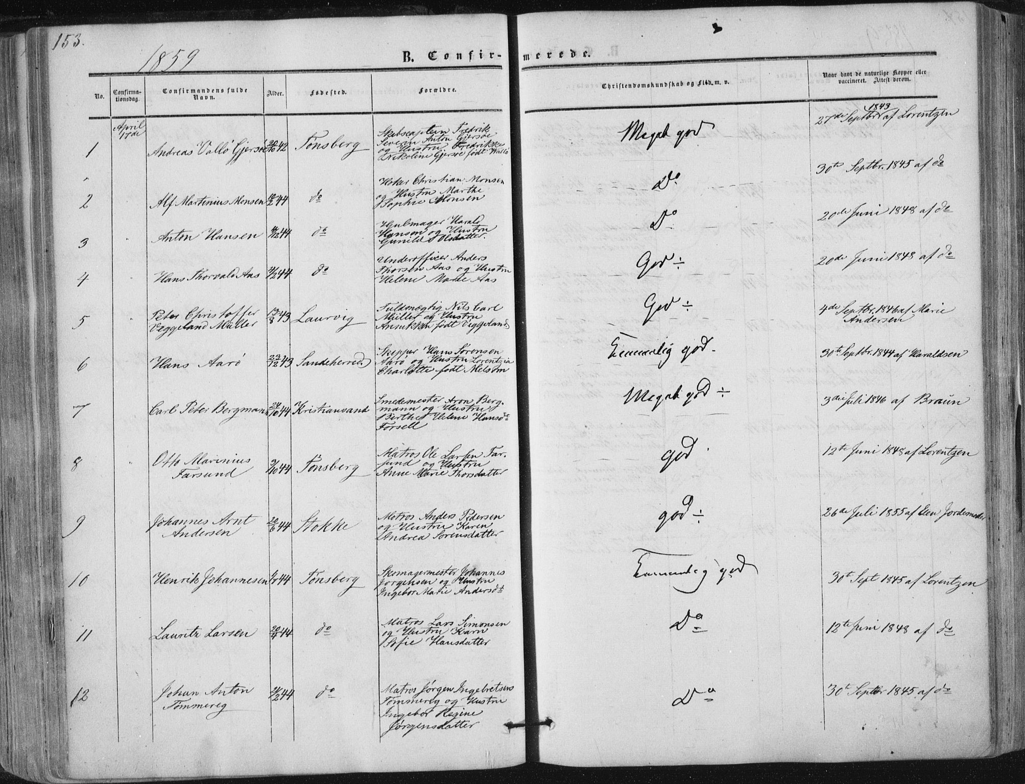 Tønsberg kirkebøker, AV/SAKO-A-330/F/Fa/L0008: Parish register (official) no. I 8, 1855-1864, p. 153