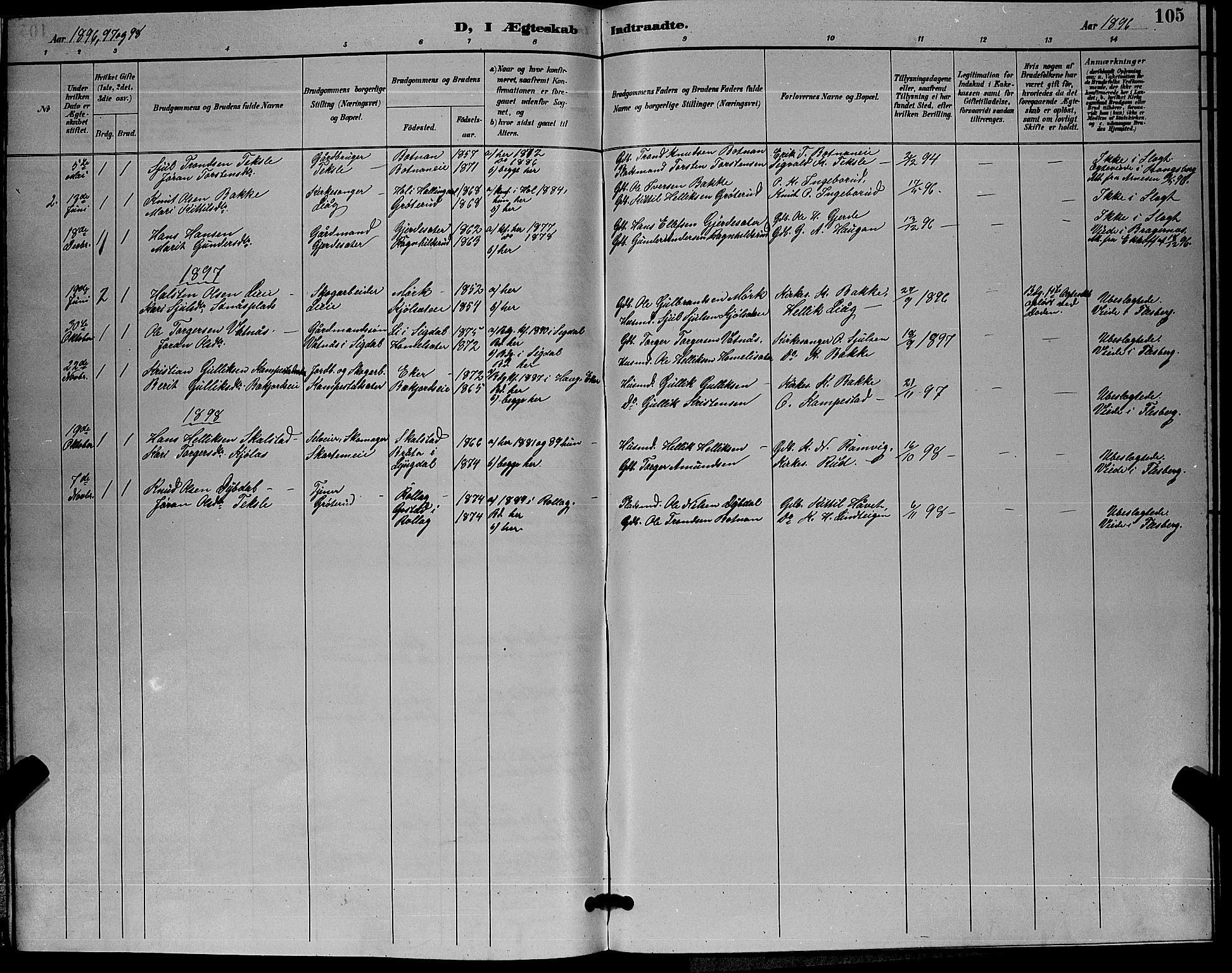 Flesberg kirkebøker, SAKO/A-18/G/Ga/L0004: Parish register (copy) no. I 4 /3, 1890-1898, p. 105