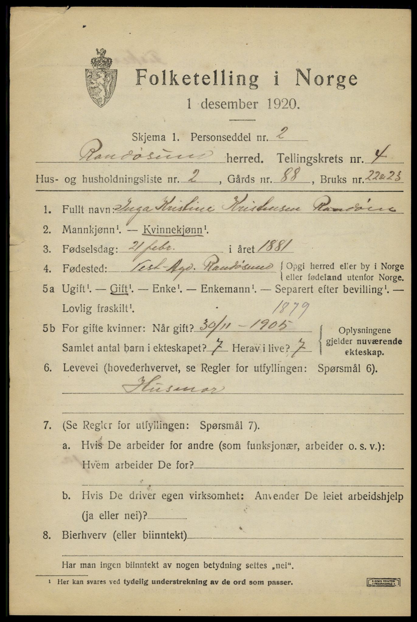 SAK, 1920 census for Randesund, 1920, p. 1798