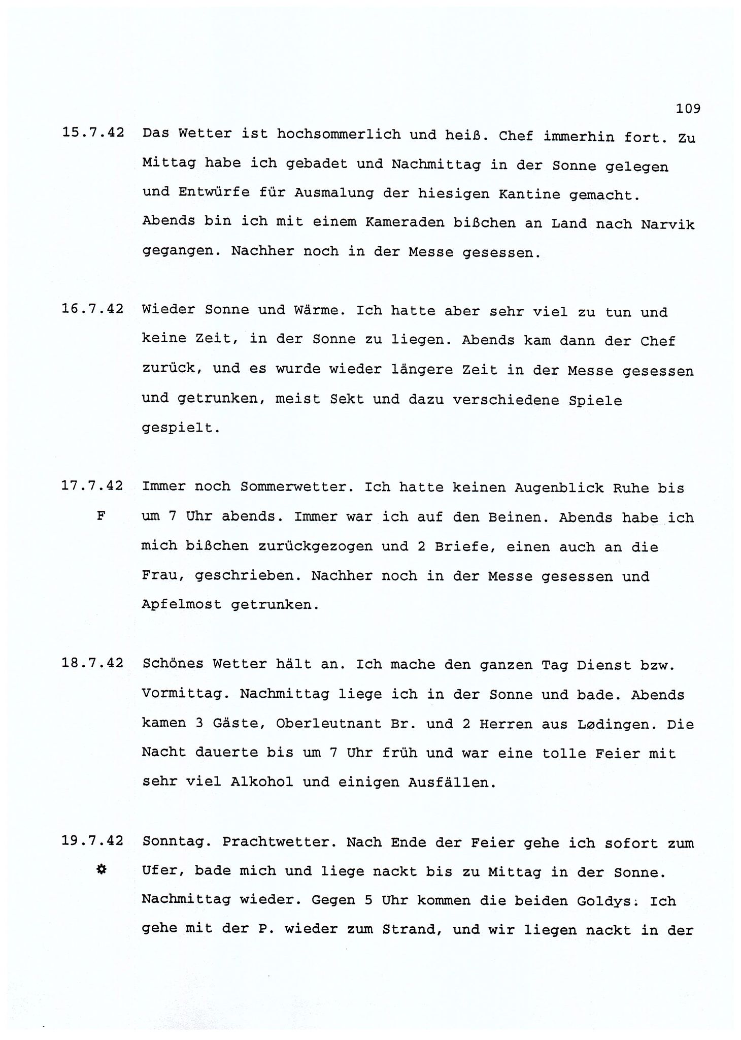 Dagbokopptegnelser av en tysk marineoffiser stasjonert i Norge , FMFB/A-1160/F/L0001: Dagbokopptegnelser av en tysk marineoffiser stasjonert i Norge, 1941-1944, p. 109