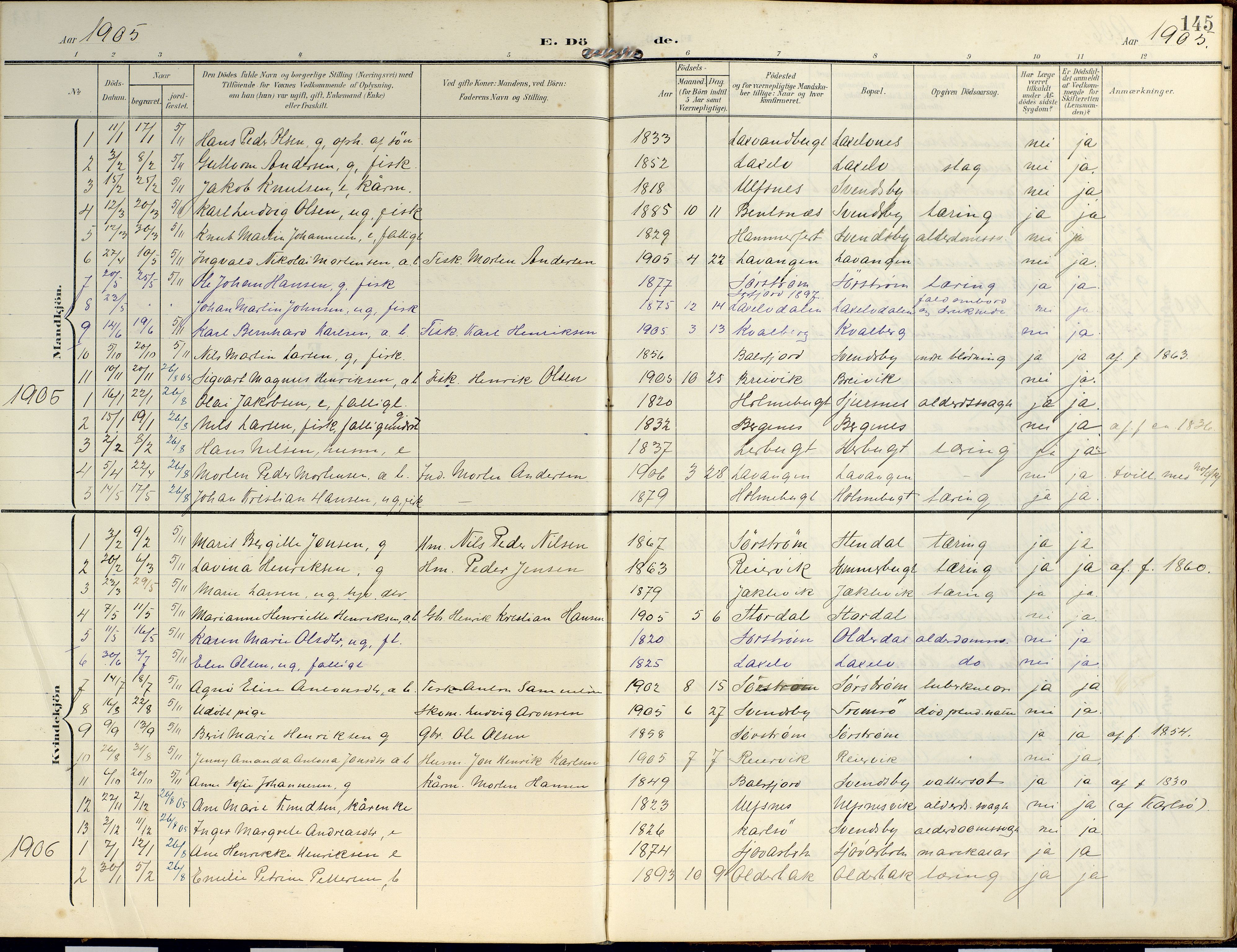 Lyngen sokneprestembete, AV/SATØ-S-1289/H/He/Hea/L0014kirke: Parish register (official) no. 14, 1905-1920, p. 145