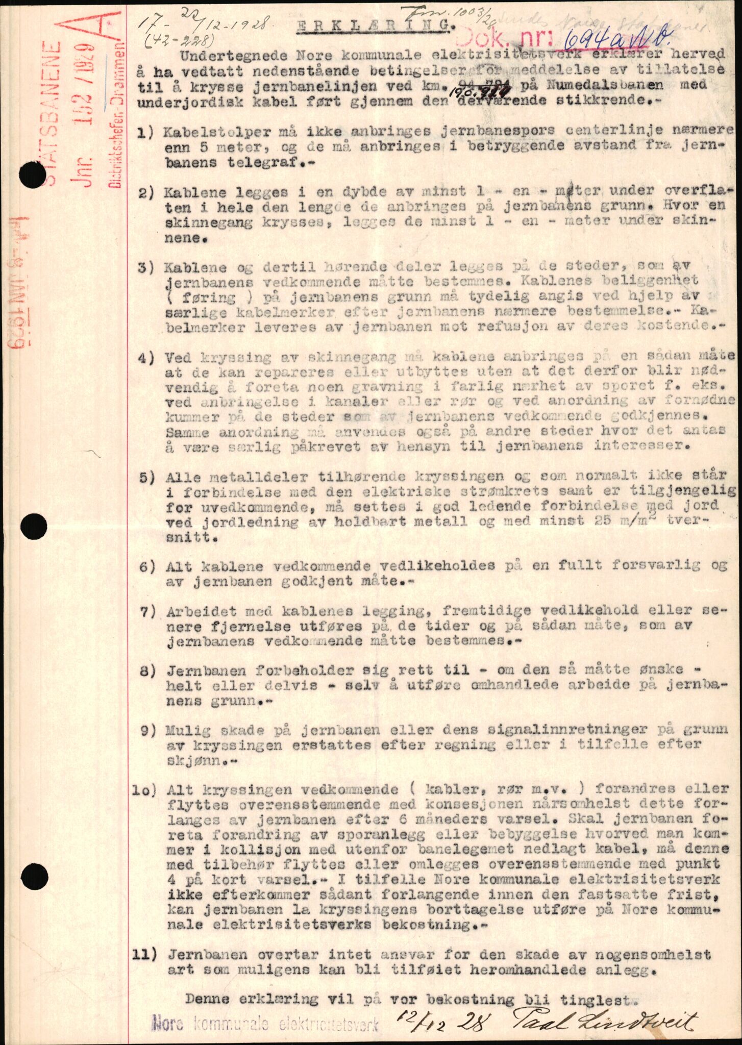 Norges Statsbaner Drammen distrikt (NSB), AV/SAKO-A-30/F/Fe/Fee/L0003: Kabelkryss Drammenbanen, Bratsbergbanen, Numedalsbanen og Sørlandsbanen, 1903-1989, p. 1246