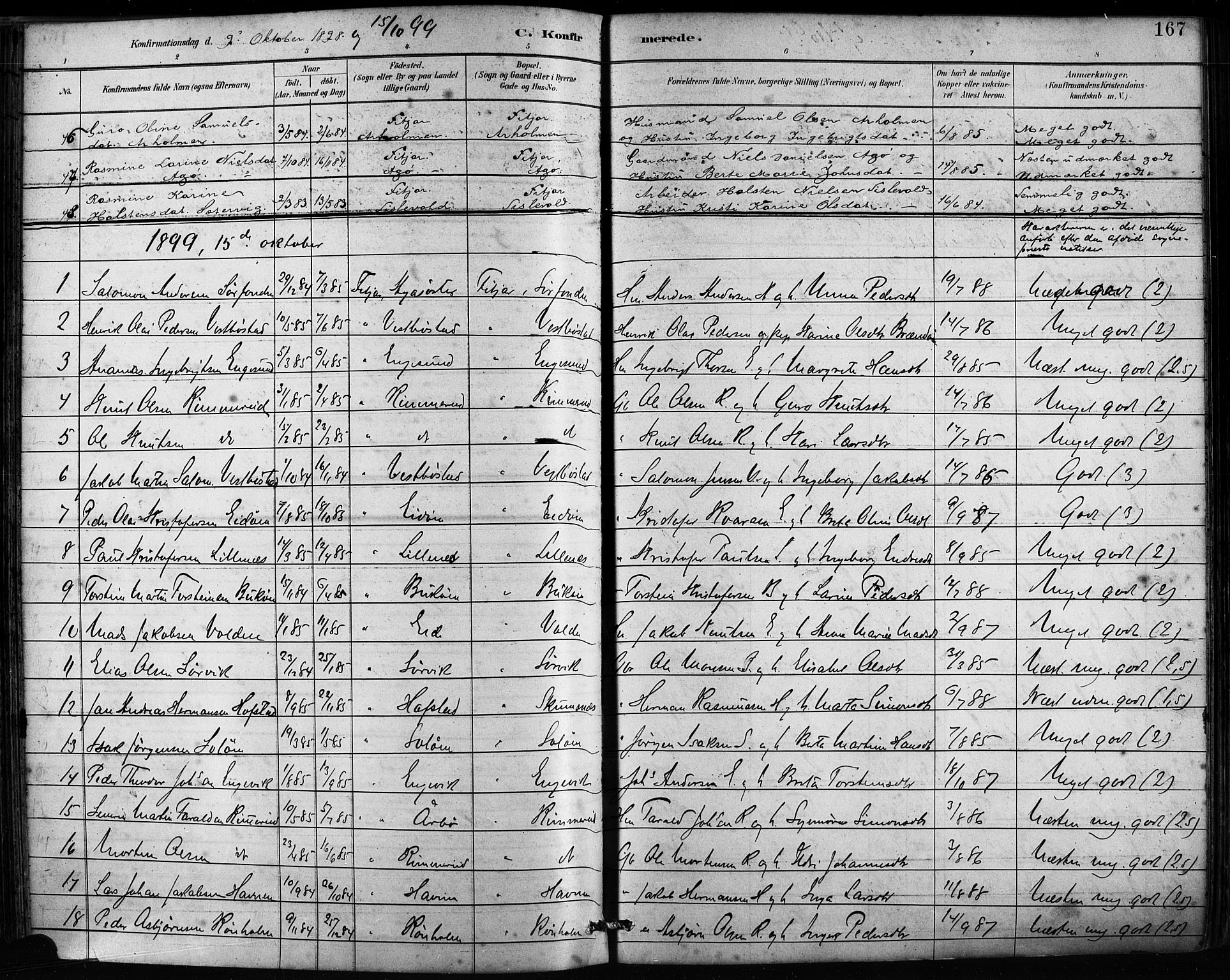 Fitjar sokneprestembete, SAB/A-99926: Parish register (official) no. A 2, 1882-1899, p. 167