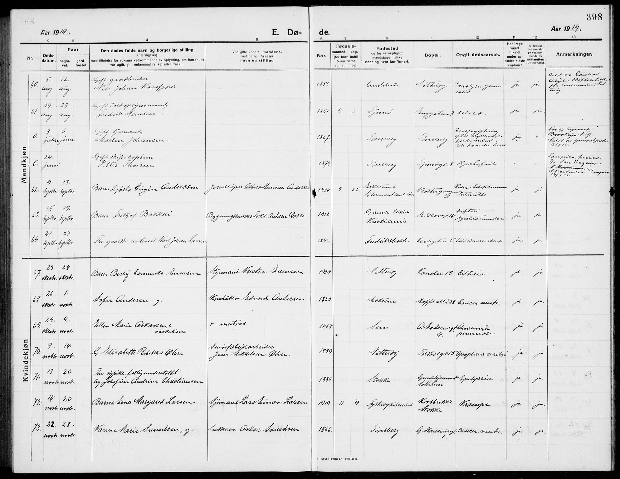 Tønsberg kirkebøker, AV/SAKO-A-330/G/Ga/L0009: Parish register (copy) no. 9, 1913-1920, p. 398