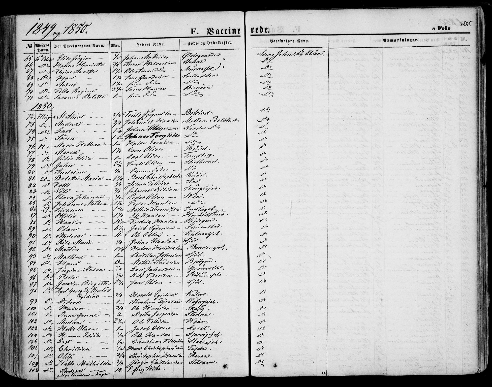 Sande Kirkebøker, SAKO/A-53/F/Fa/L0004: Parish register (official) no. 4, 1847-1864, p. 335