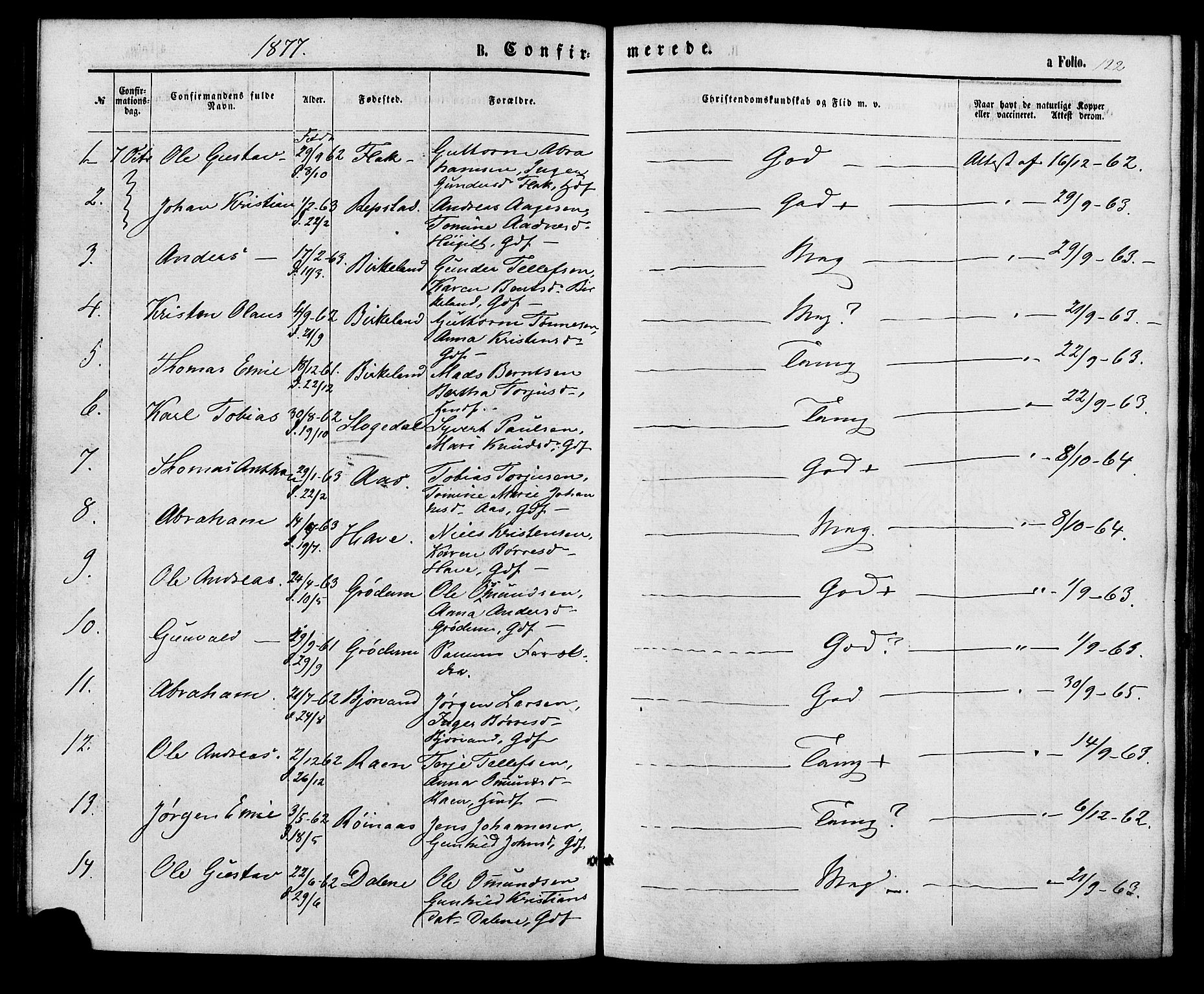 Birkenes sokneprestkontor, AV/SAK-1111-0004/F/Fa/L0004: Parish register (official) no. A 4, 1867-1886, p. 122