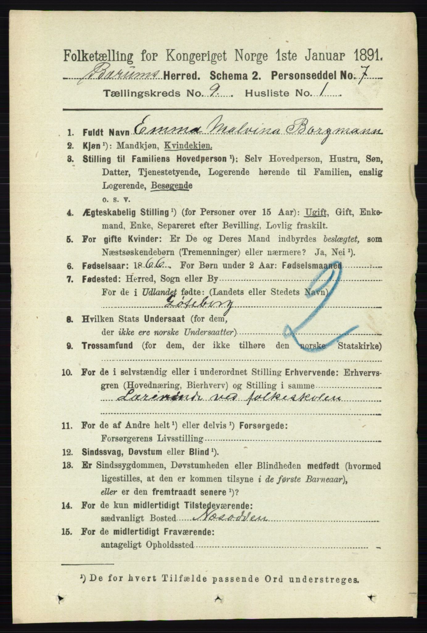 RA, 1891 census for 0219 Bærum, 1891, p. 5140