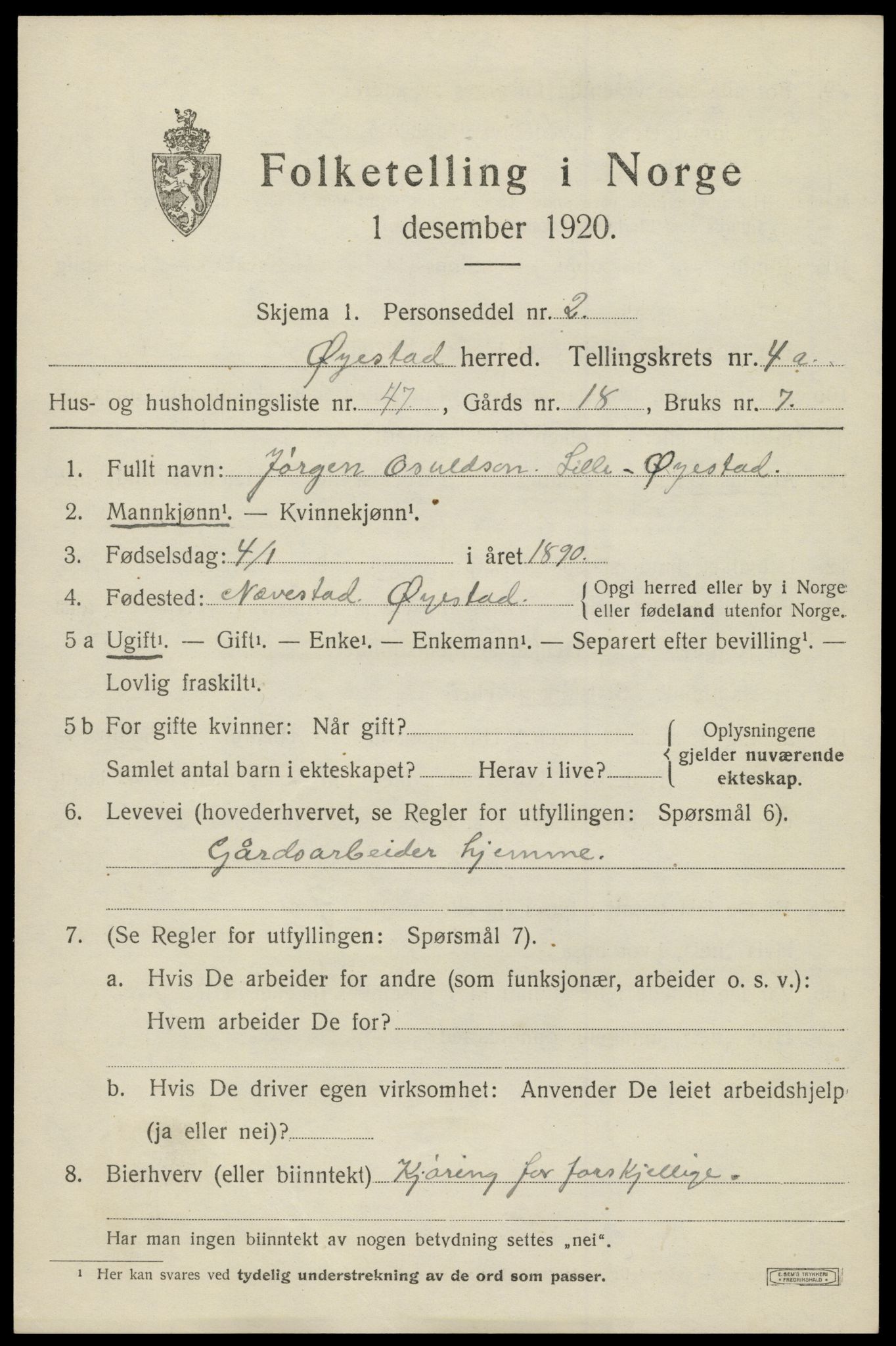 SAK, 1920 census for Øyestad, 1920, p. 3626