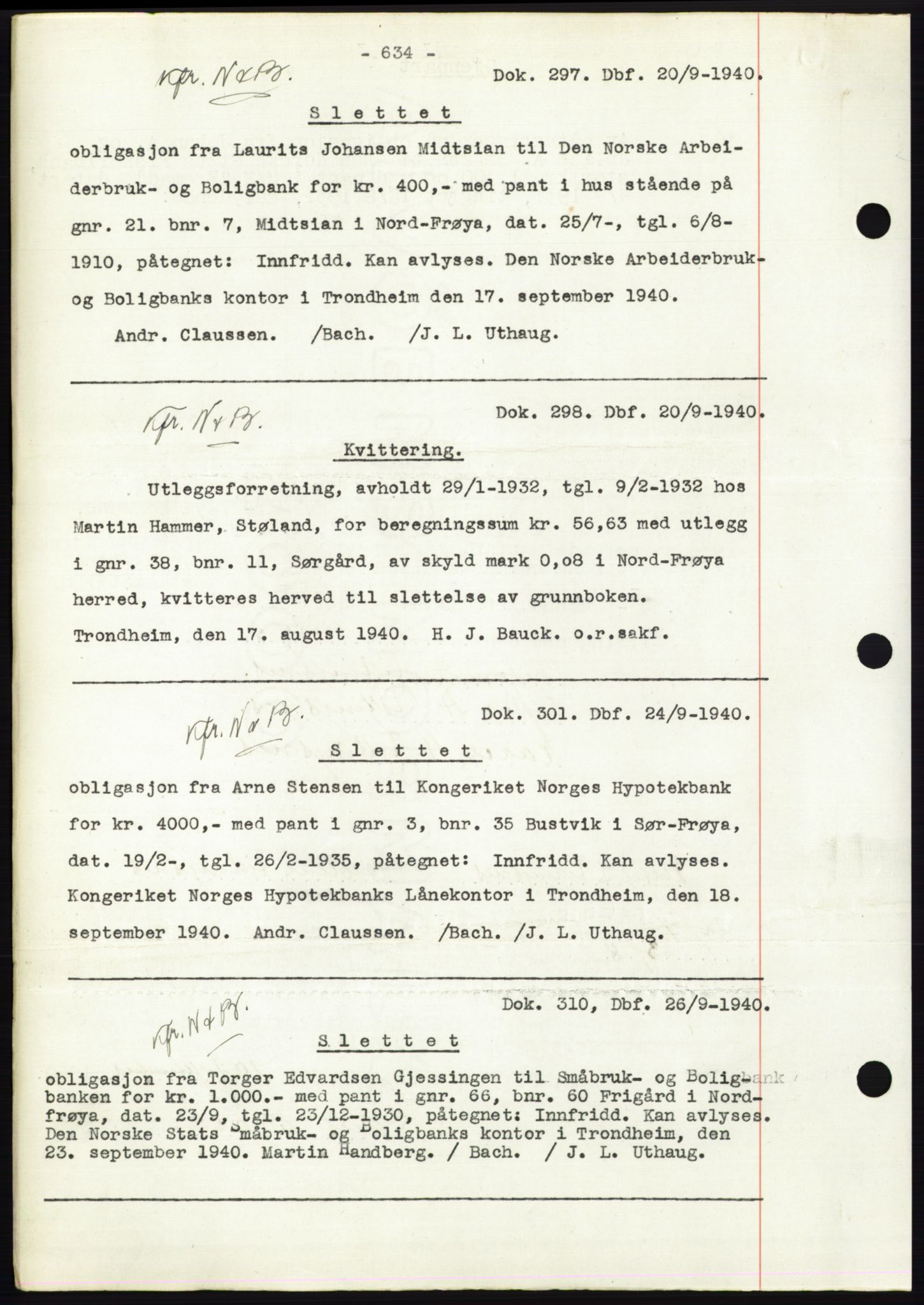 Hitra sorenskriveri, AV/SAT-A-0018/2/2C/2Ca: Mortgage book no. C1, 1936-1945, Diary no: : 297/1940