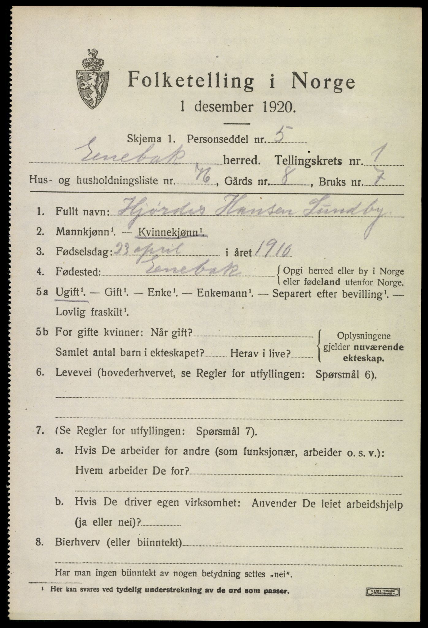 SAO, 1920 census for Enebakk, 1920, p. 2021