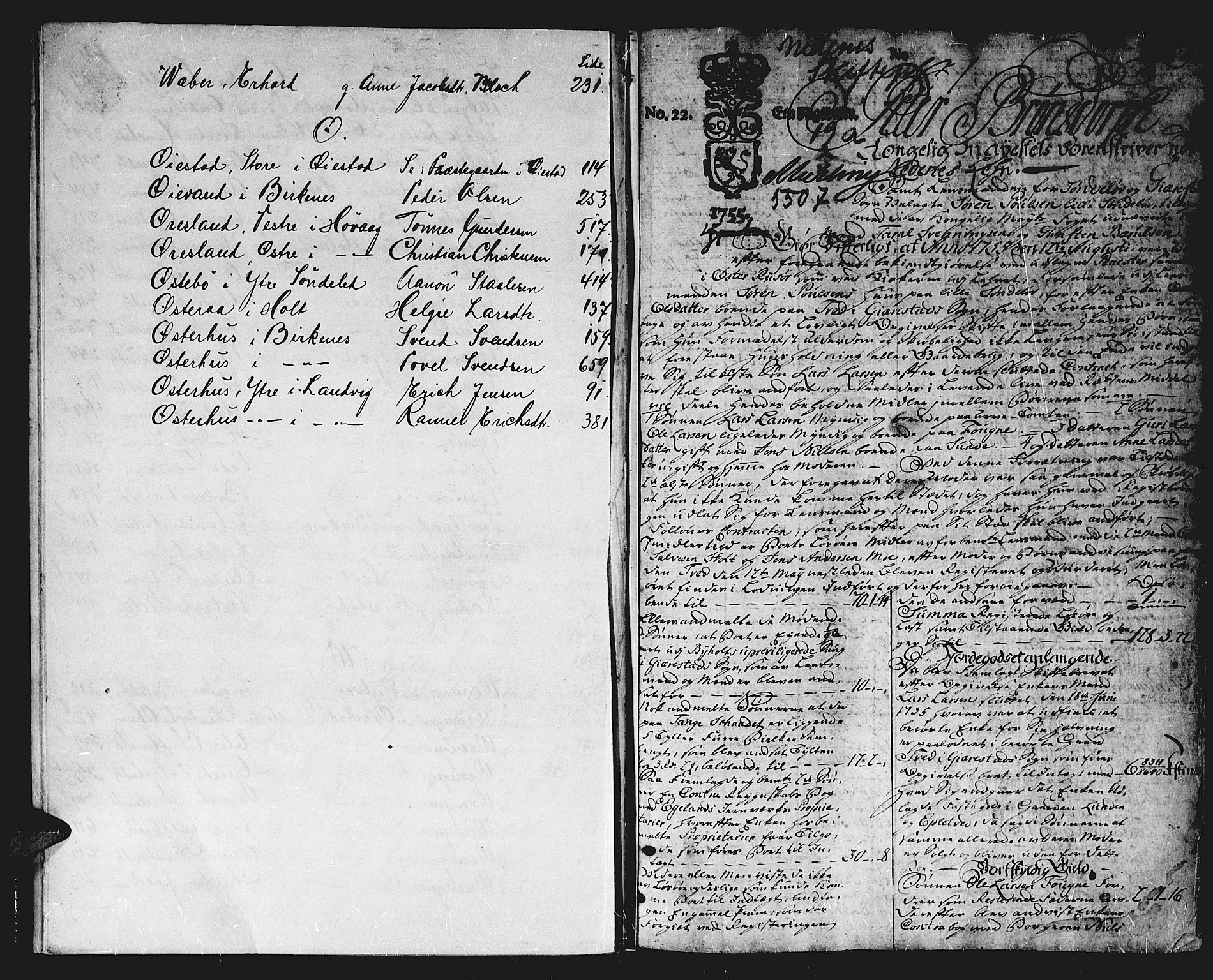 Nedenes sorenskriveri før 1824, SAK/1221-0007/H/Hc/L0026: Skifteprotokoll med register nr 19a, 1755-1760, p. 0b-1a
