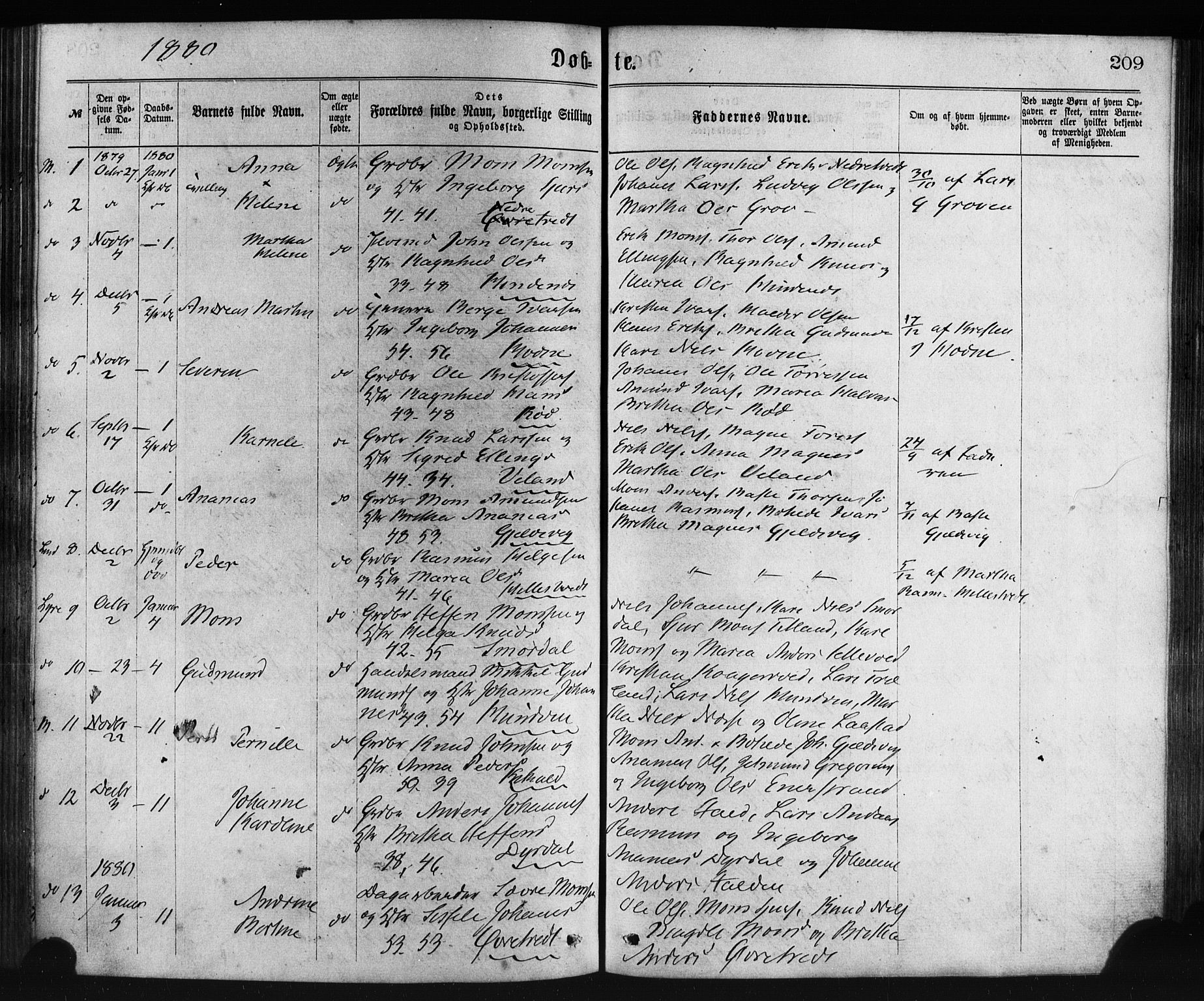 Lindås Sokneprestembete, SAB/A-76701/H/Haa: Parish register (official) no. A 18, 1869-1885, p. 209