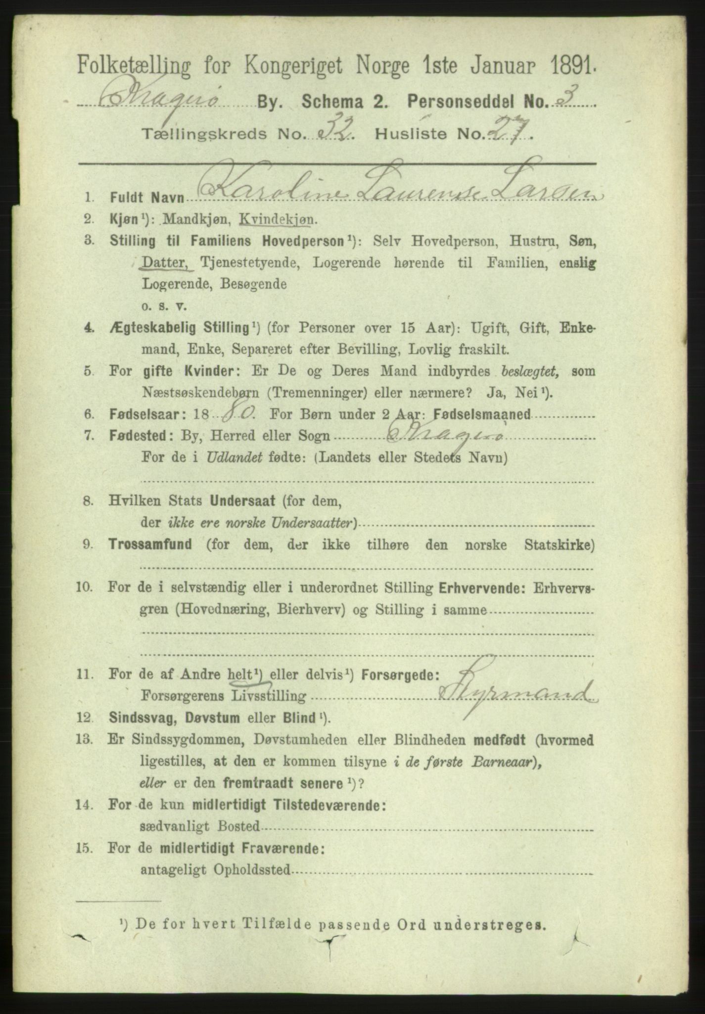 RA, 1891 census for 0801 Kragerø, 1891, p. 5940