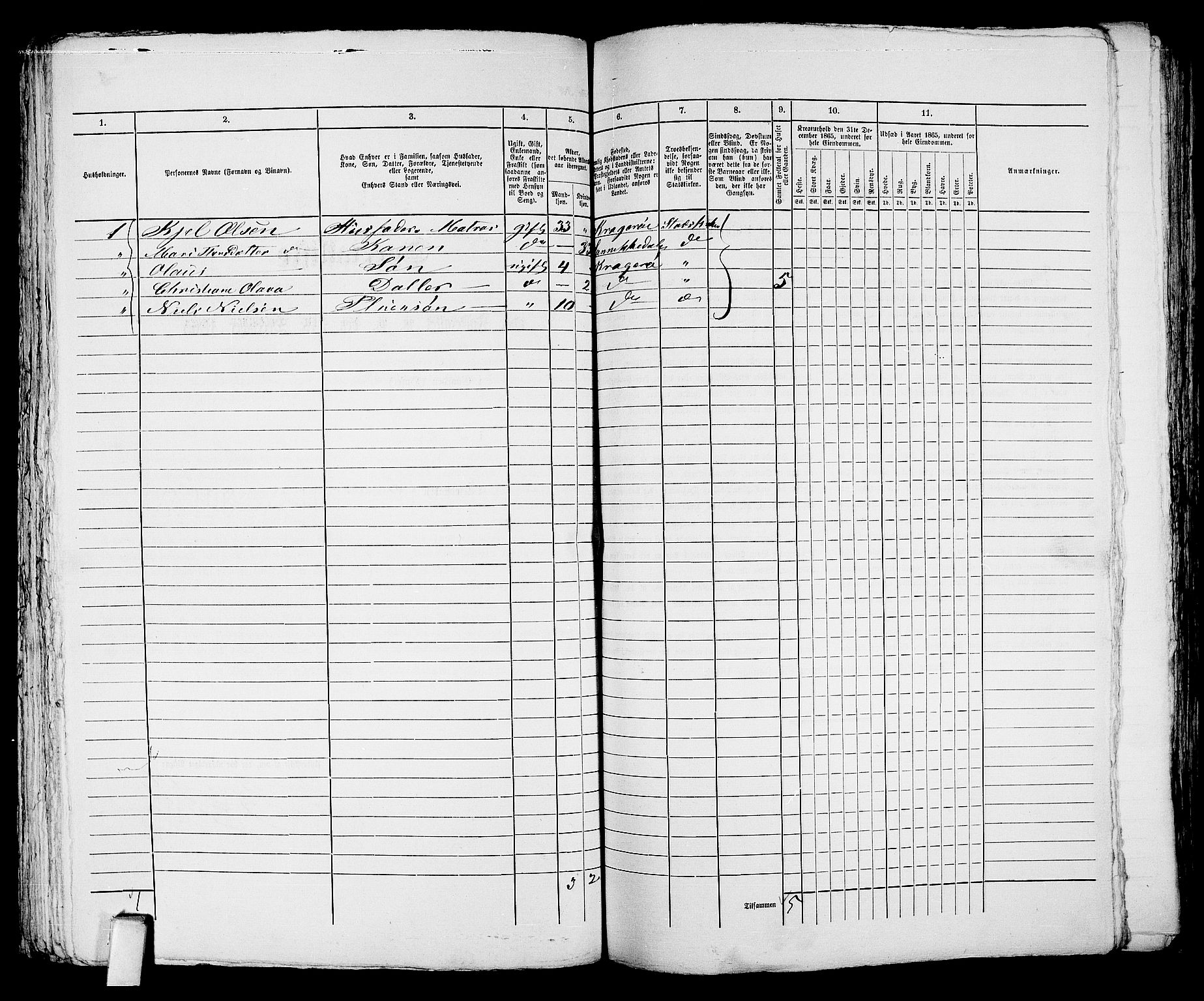 RA, 1865 census for Kragerø/Kragerø, 1865, p. 286