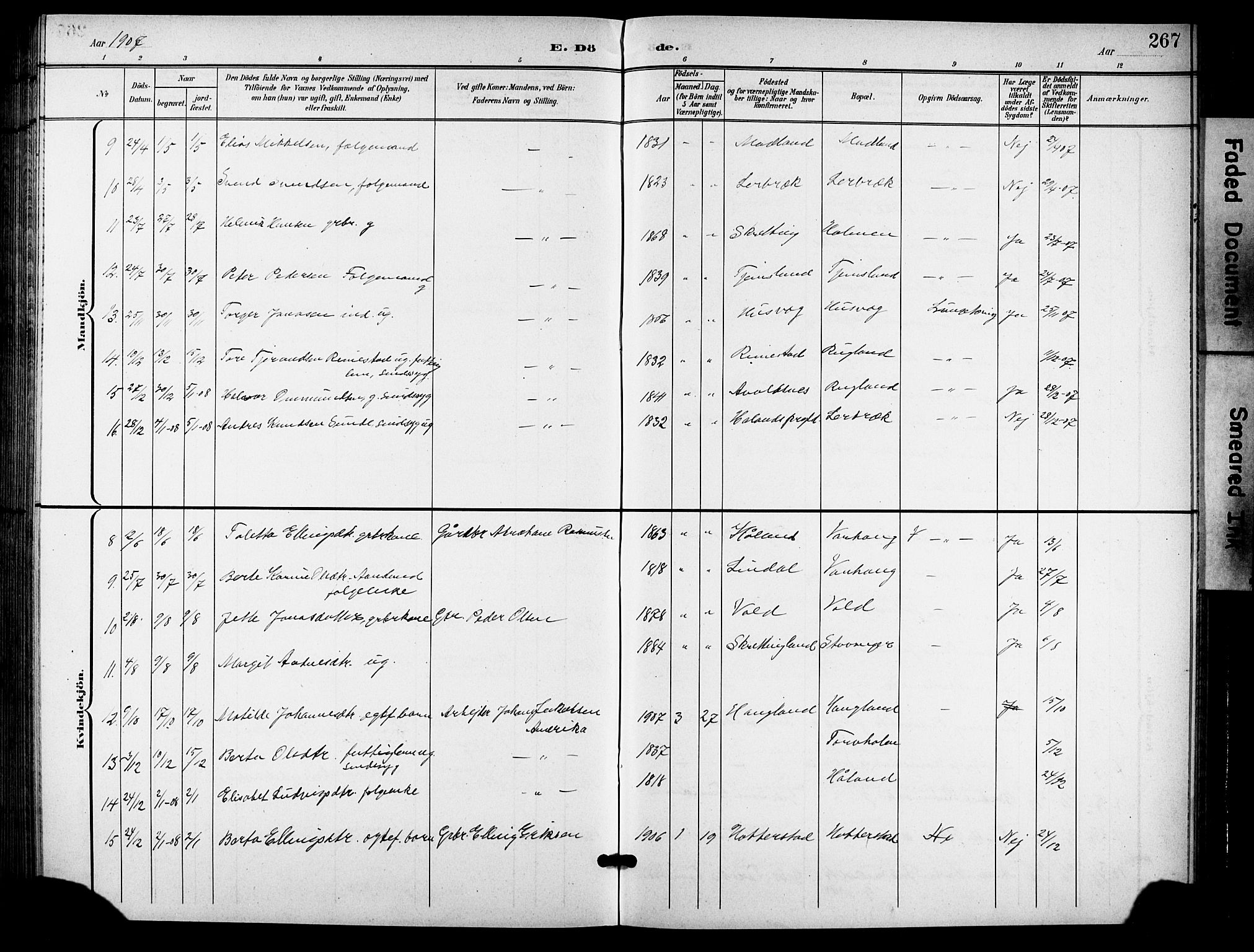 Hå sokneprestkontor, AV/SAST-A-101801/001/30BB/L0006: Parish register (copy) no. B 6, 1900-1924, p. 267