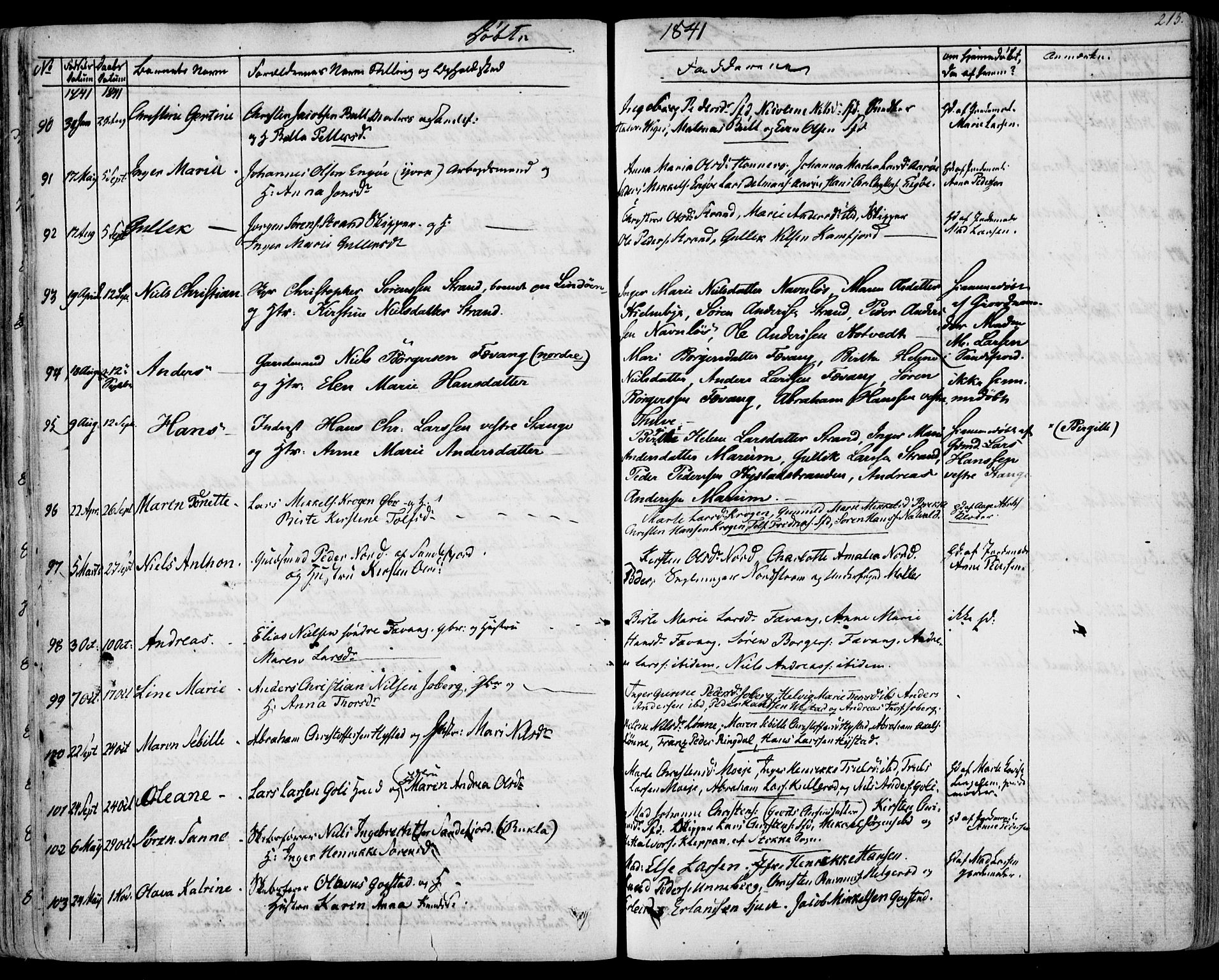 Sandar kirkebøker, SAKO/A-243/F/Fa/L0005: Parish register (official) no. 5, 1832-1847, p. 214-215