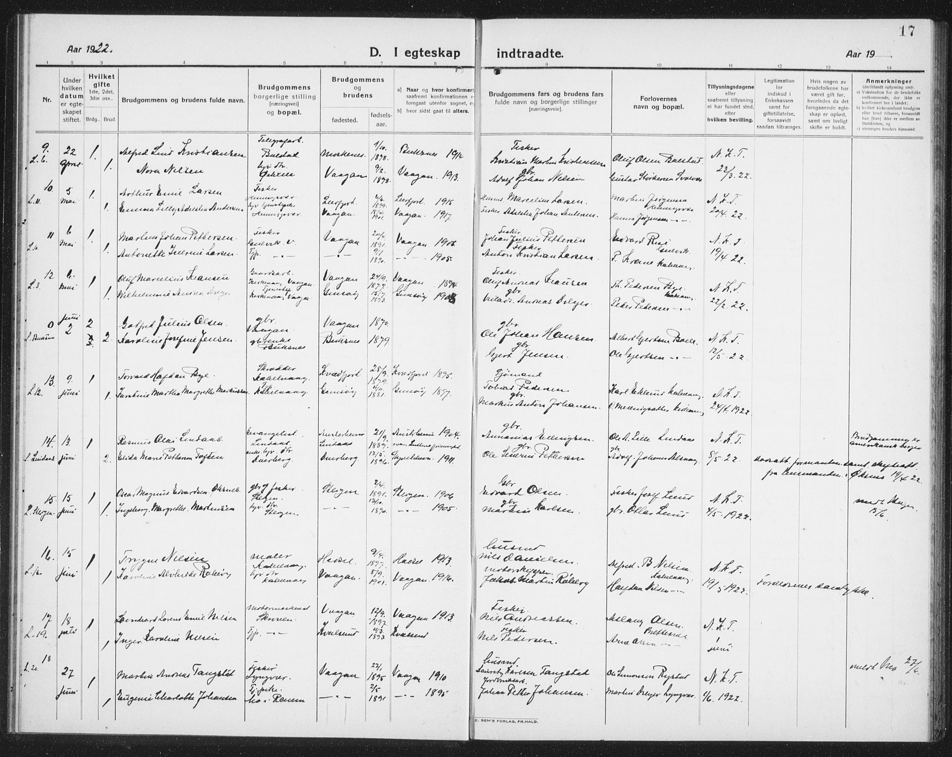 Ministerialprotokoller, klokkerbøker og fødselsregistre - Nordland, AV/SAT-A-1459/874/L1082: Parish register (copy) no. 874C11, 1920-1939, p. 17