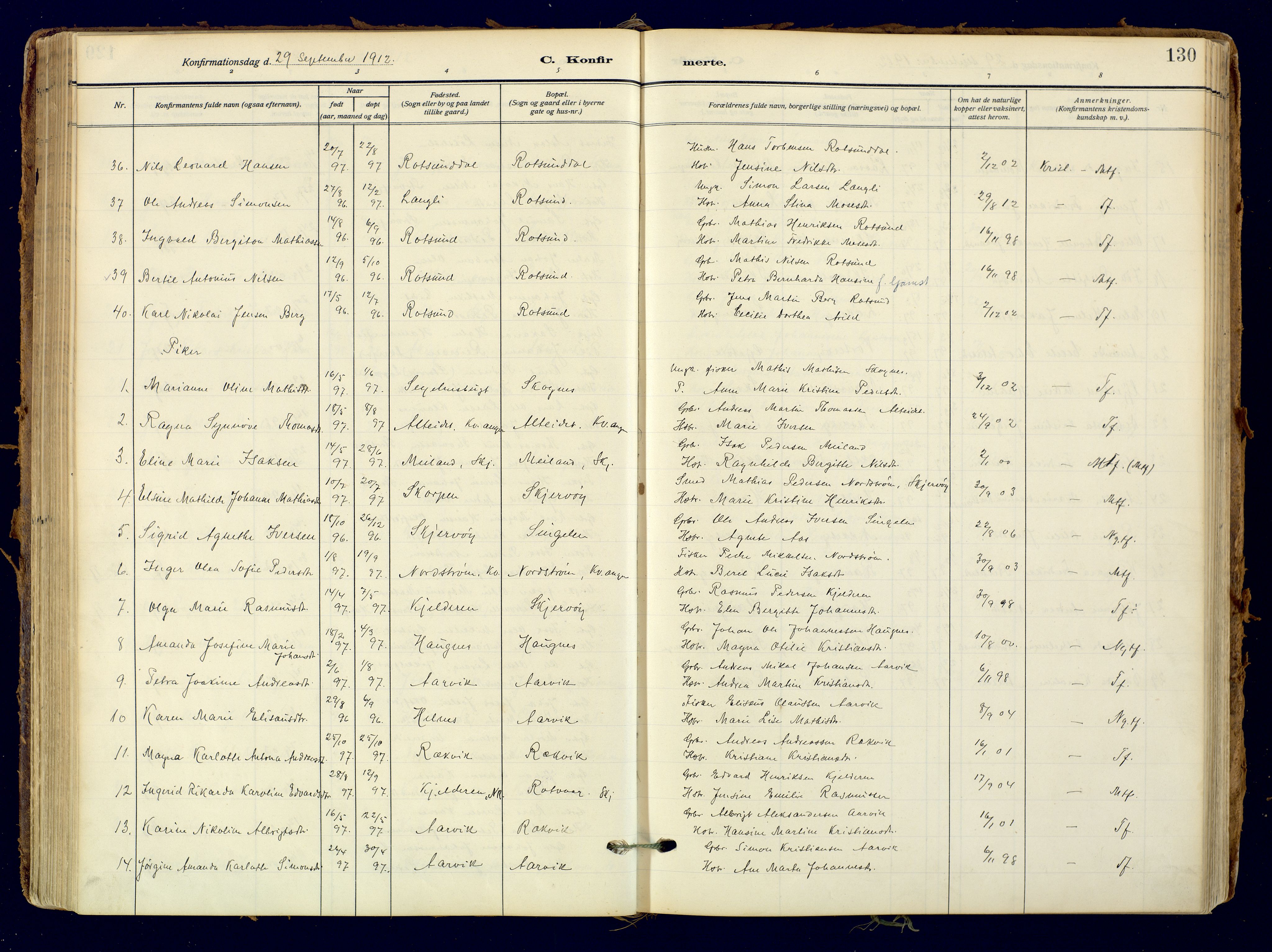 Skjervøy sokneprestkontor, AV/SATØ-S-1300/H/Ha/Haa: Parish register (official) no. 18, 1910-1926, p. 130