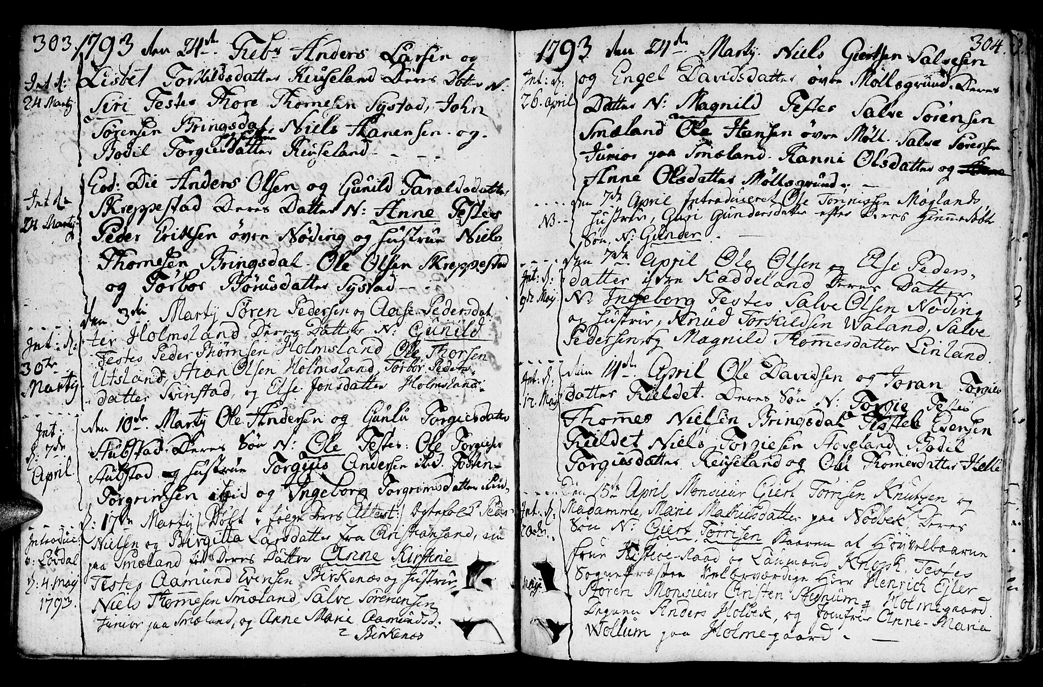 Holum sokneprestkontor, SAK/1111-0022/F/Fa/Faa/L0003: Parish register (official) no. A 3, 1780-1821, p. 303-304