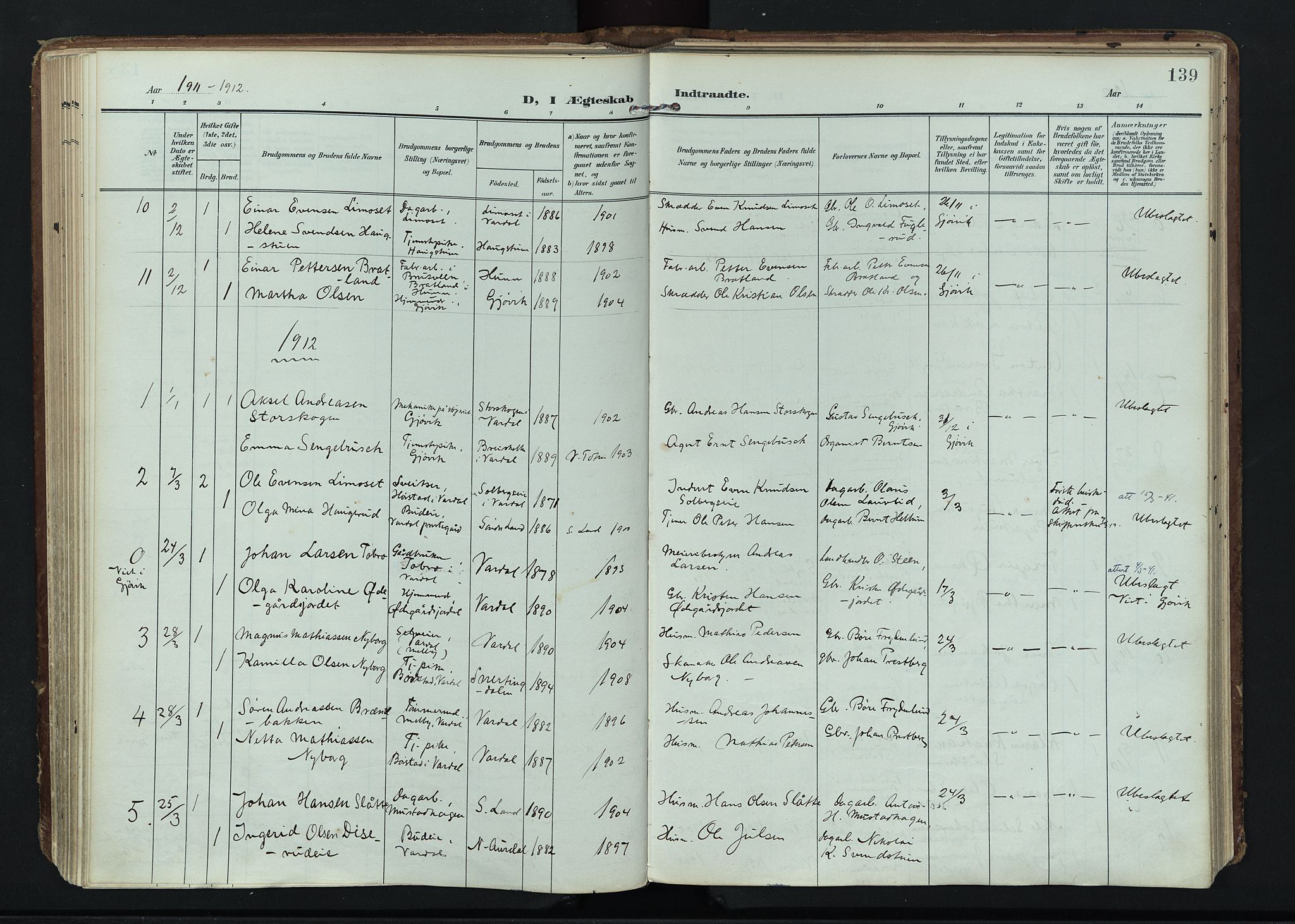 Vardal prestekontor, AV/SAH-PREST-100/H/Ha/Haa/L0020: Parish register (official) no. 20, 1907-1921, p. 139