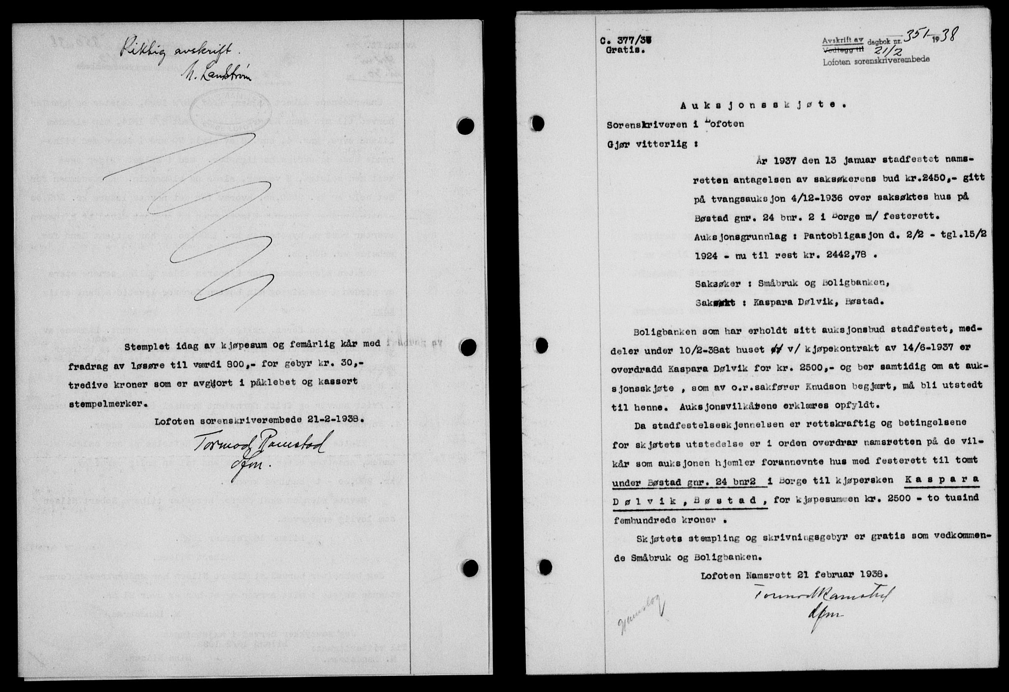 Lofoten sorenskriveri, SAT/A-0017/1/2/2C/L0003a: Mortgage book no. 3a, 1937-1938, Diary no: : 351/1938