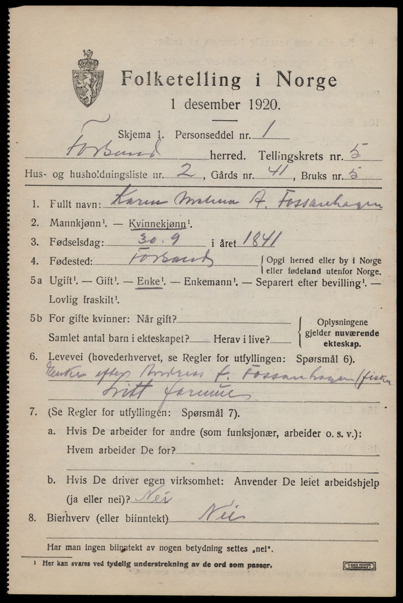 SAST, 1920 census for Forsand, 1920, p. 1791