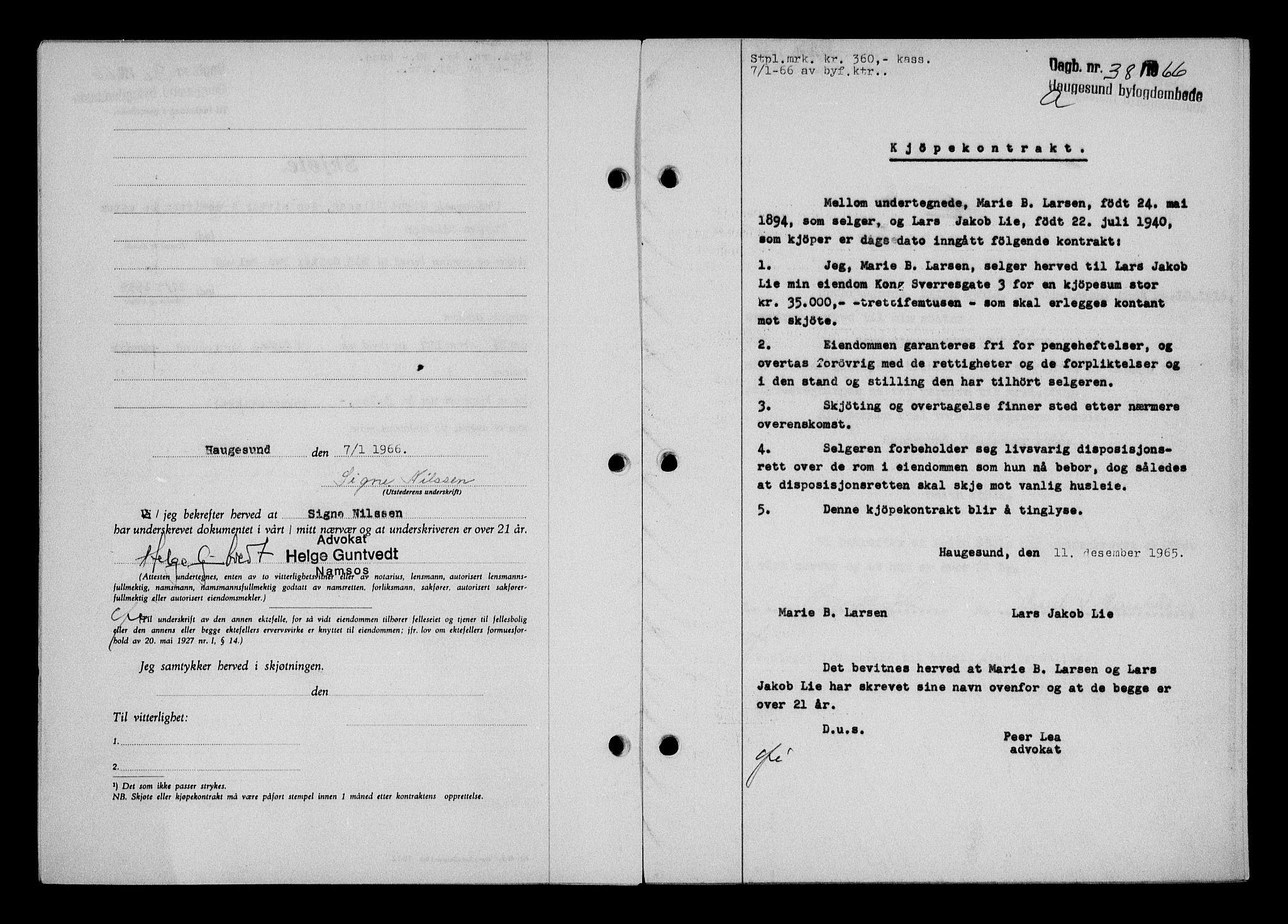 Haugesund tingrett, AV/SAST-A-101415/01/II/IIC/L0076: Mortgage book no. A 17, 1965-1966, Diary no: : 38/1966