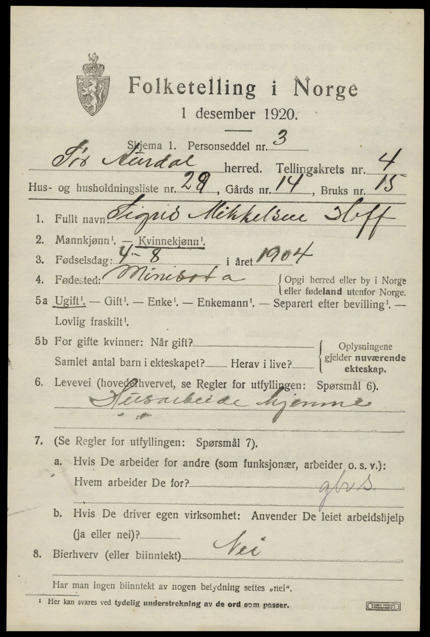 SAH, 1920 census for Sør-Aurdal, 1920, p. 2643