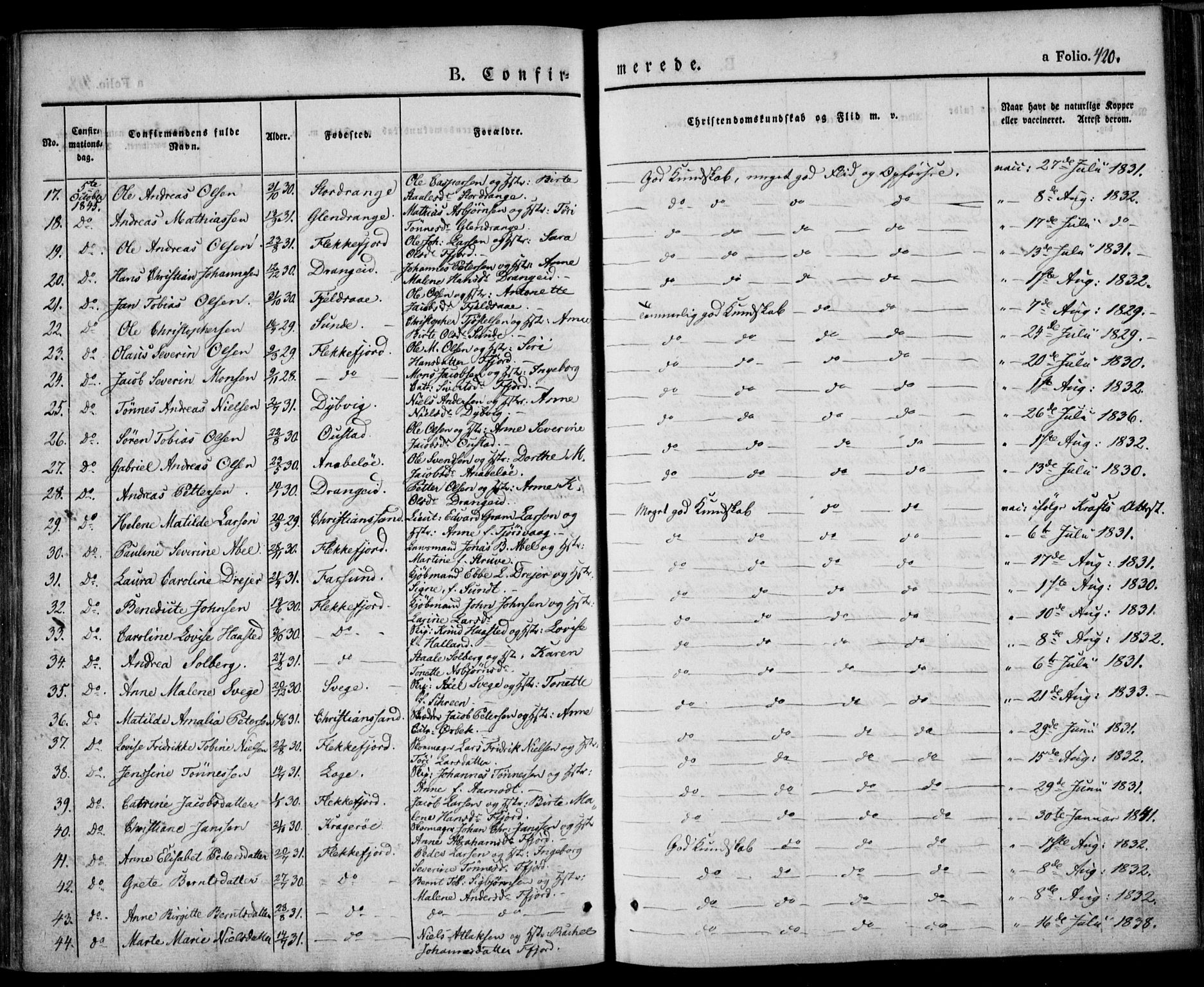 Flekkefjord sokneprestkontor, AV/SAK-1111-0012/F/Fa/Fac/L0004: Parish register (official) no. A 4, 1841-1849, p. 420