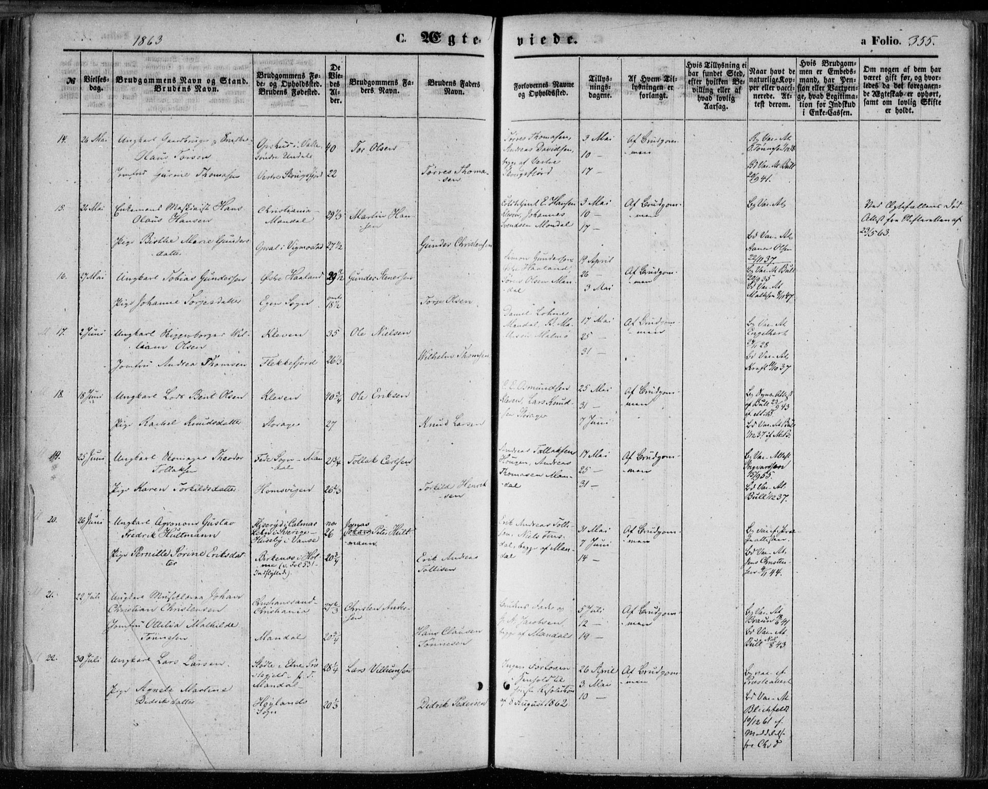 Mandal sokneprestkontor, AV/SAK-1111-0030/F/Fa/Faa/L0014: Parish register (official) no. A 14, 1859-1872, p. 355