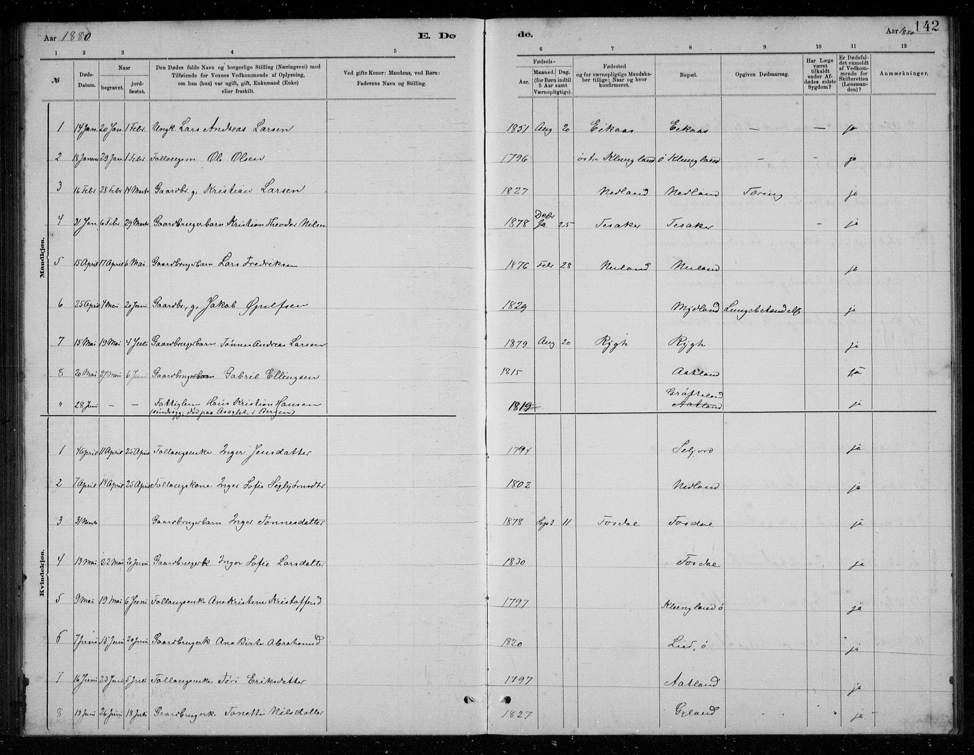 Bakke sokneprestkontor, SAK/1111-0002/F/Fb/Fbb/L0003: Parish register (copy) no. B 3, 1878-1896, p. 142