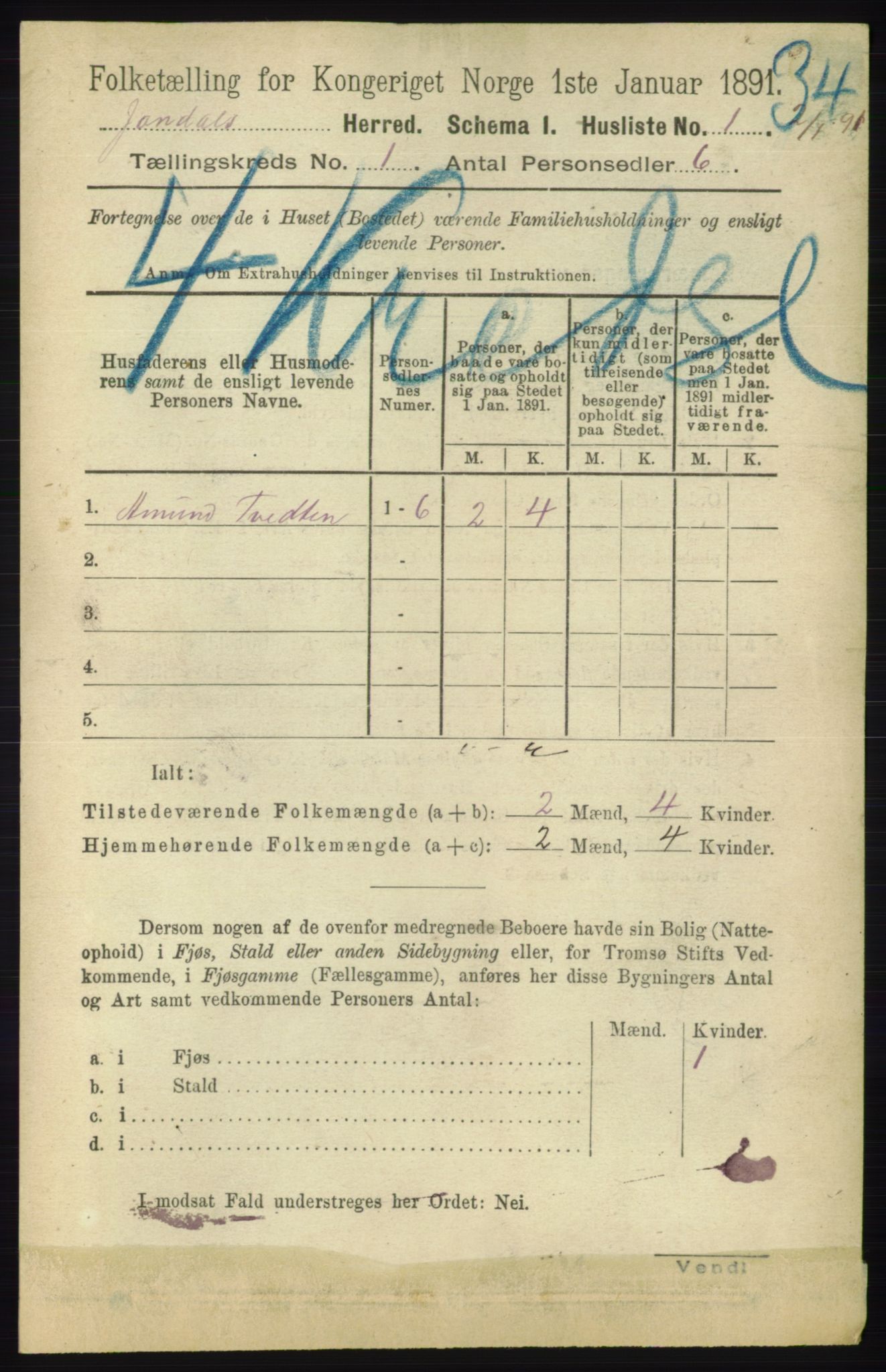 RA, 1891 census for 1227 Jondal, 1891, p. 17