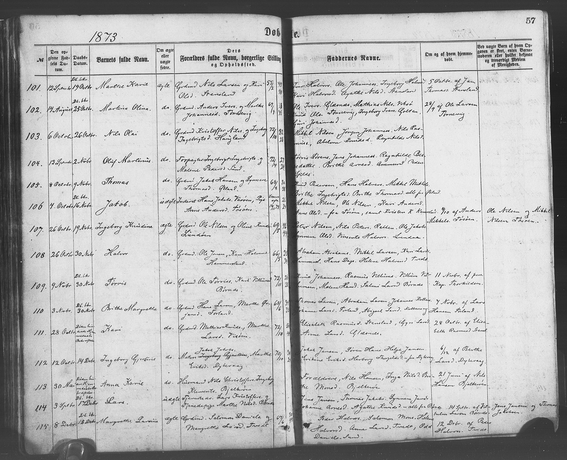 Sund sokneprestembete, AV/SAB-A-99930: Parish register (official) no. A 15, 1867-1881, p. 57