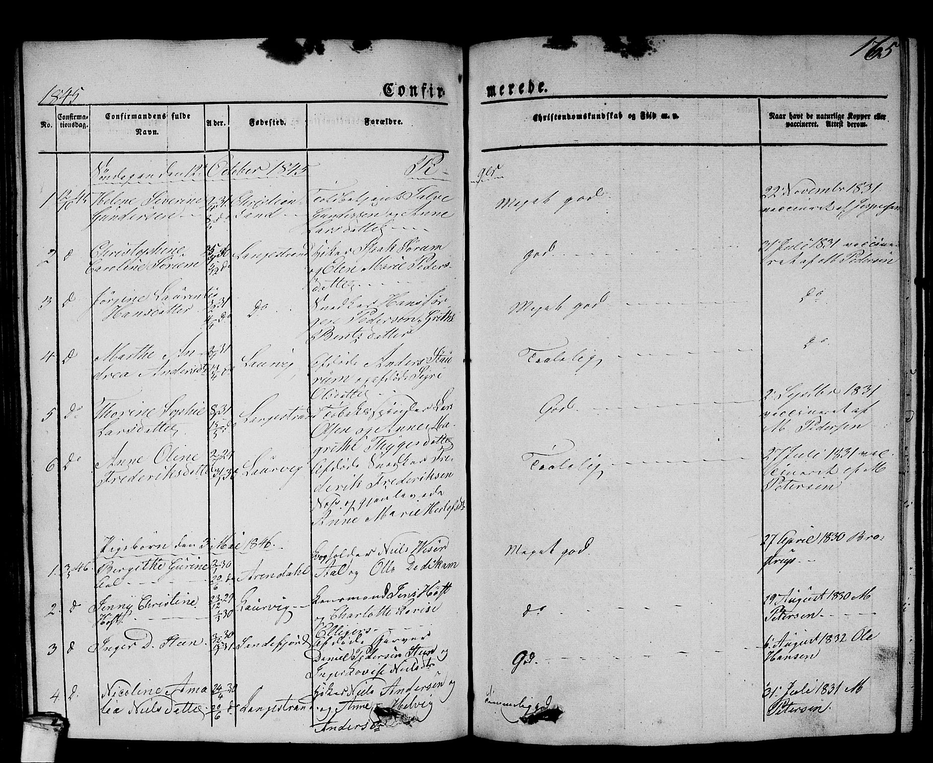 Larvik kirkebøker, AV/SAKO-A-352/G/Gb/L0002: Parish register (copy) no. II 2, 1843-1866, p. 165