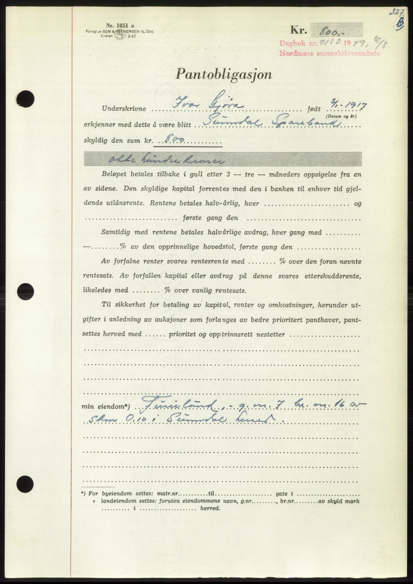 Nordmøre sorenskriveri, AV/SAT-A-4132/1/2/2Ca: Mortgage book no. B102, 1949-1949, Diary no: : 2182/1949