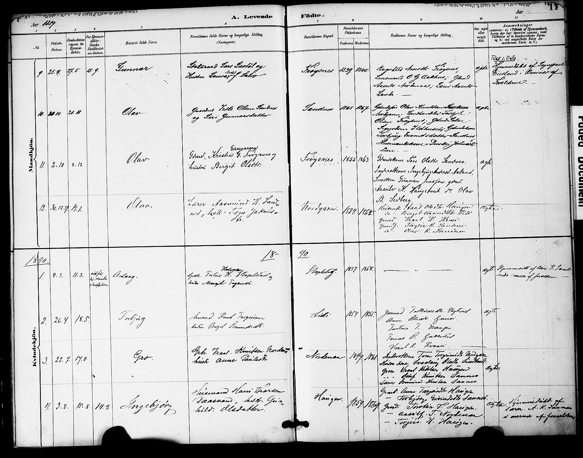 Bygland sokneprestkontor, SAK/1111-0006/F/Fa/Fac/L0001: Parish register (official) no. A 1, 1885-1909, p. 11