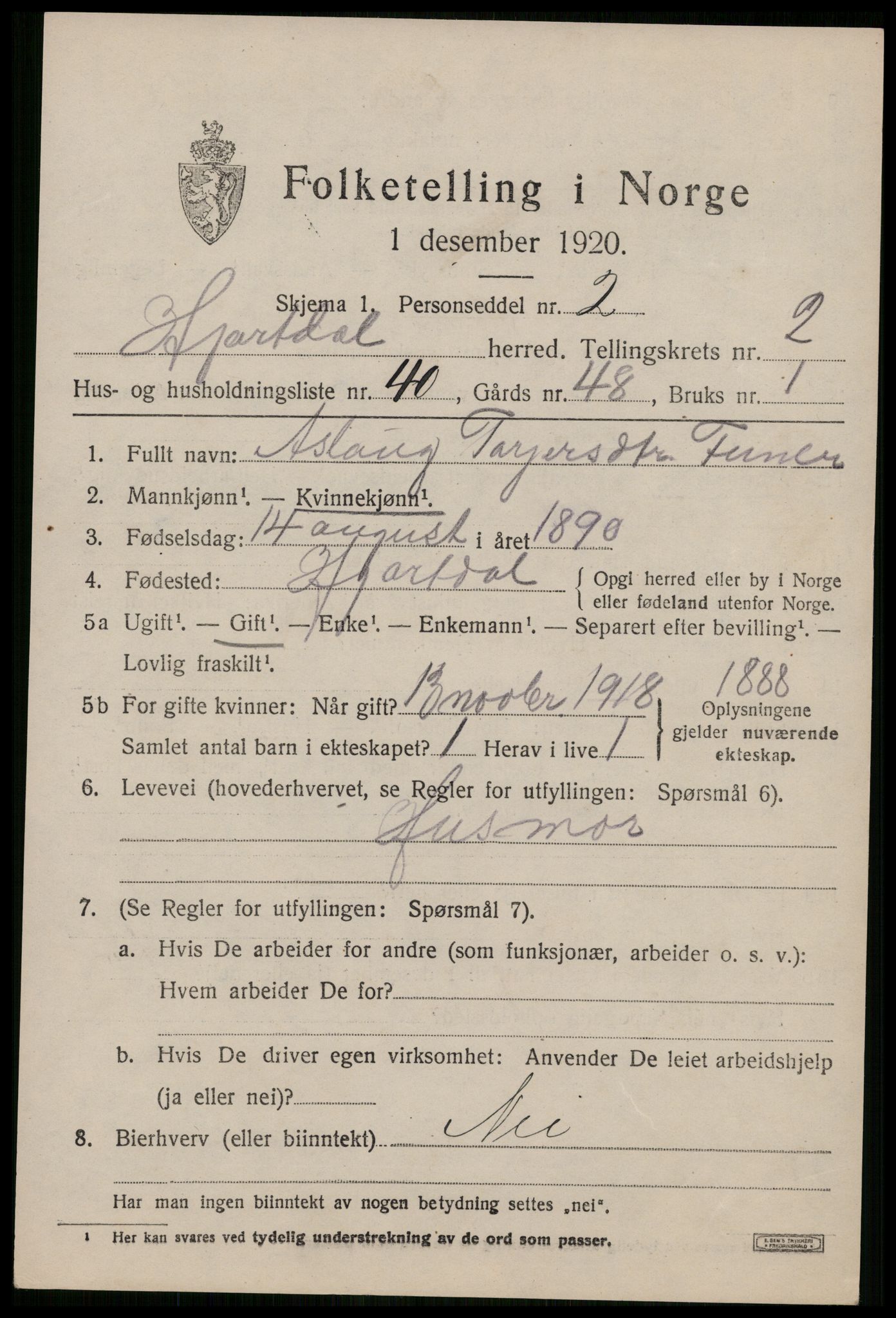 SAKO, 1920 census for Hjartdal, 1920, p. 2238