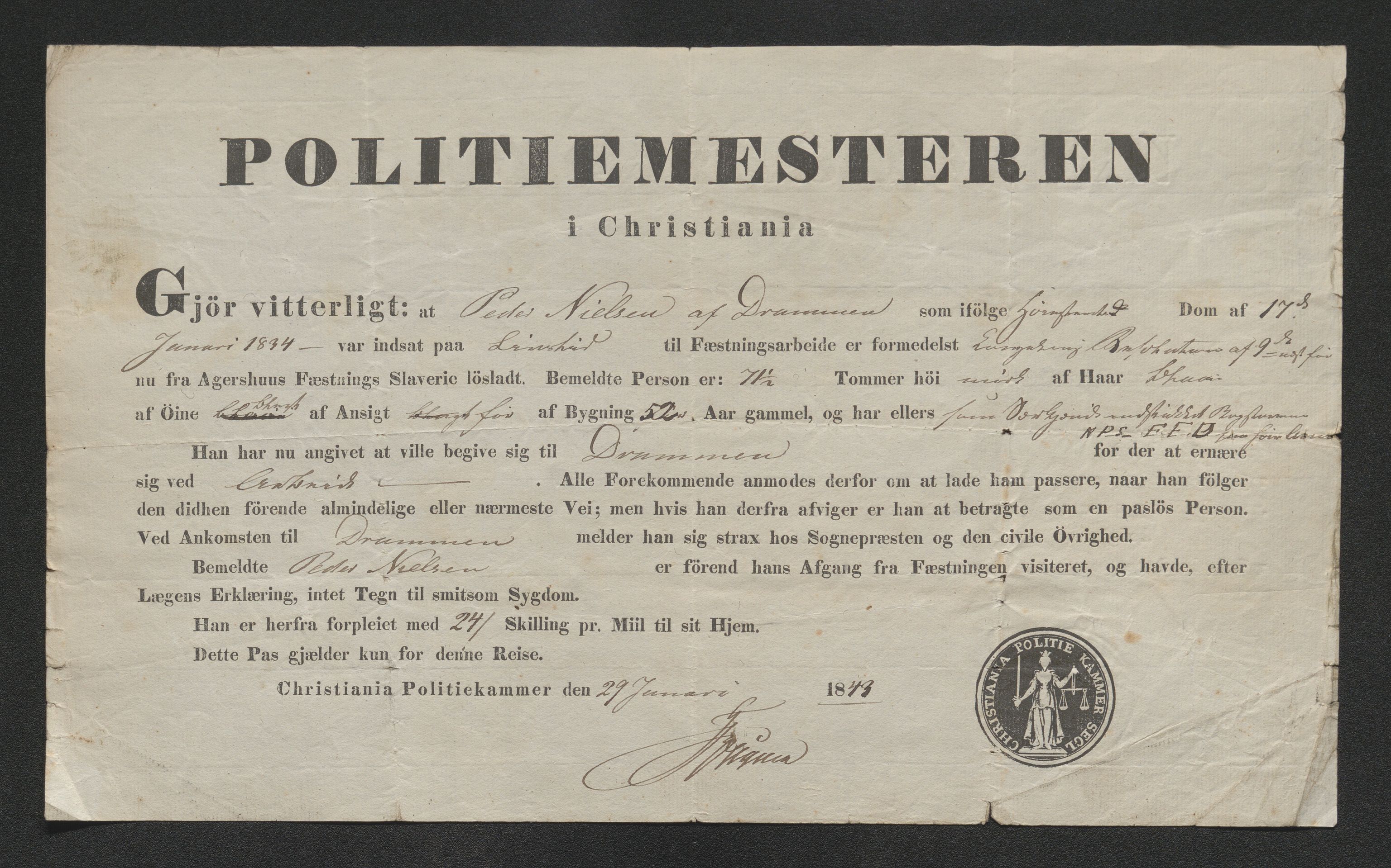 Drammen politikammer, AV/SAKO-A-623/I/Ia/Iab/L0007: Innleverte pass, 1843-1844, p. 45