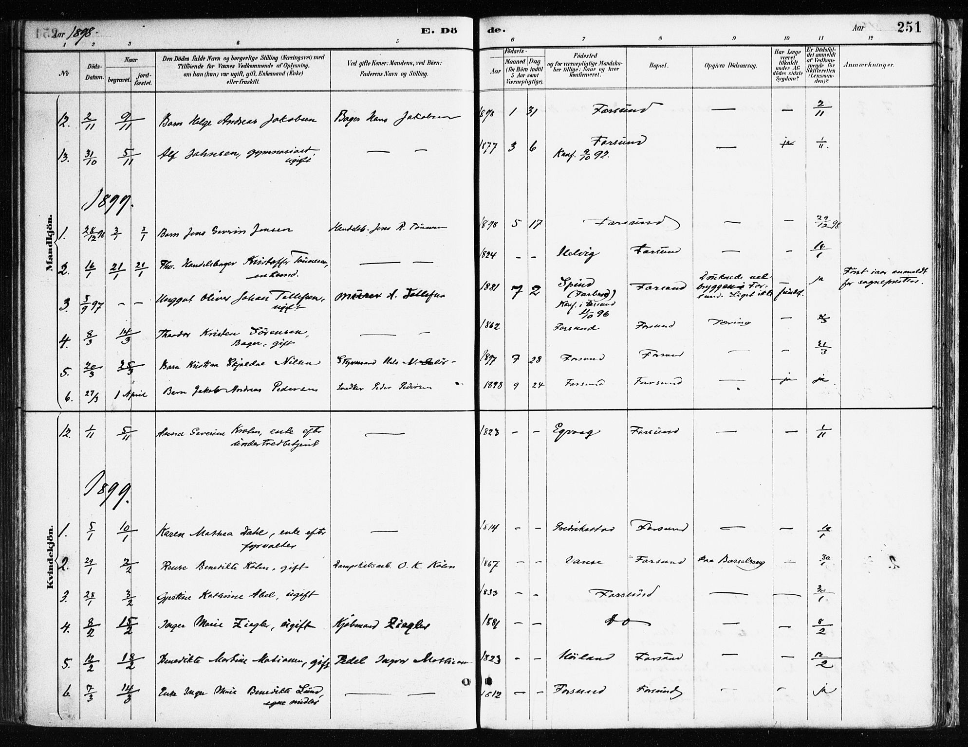 Farsund sokneprestkontor, AV/SAK-1111-0009/F/Fa/L0006: Parish register (official) no. A 6, 1887-1920, p. 251
