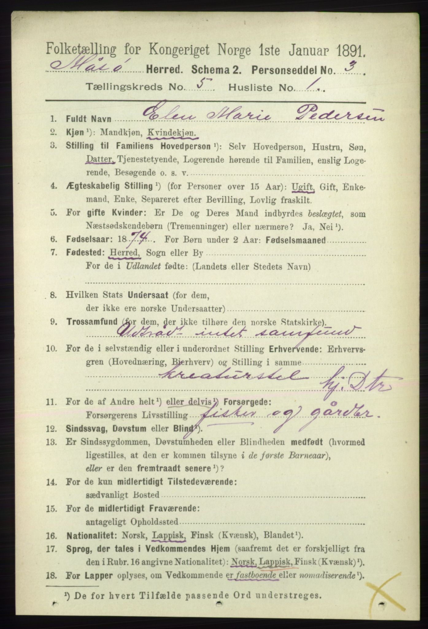 RA, 1891 census for 2018 Måsøy, 1891, p. 722