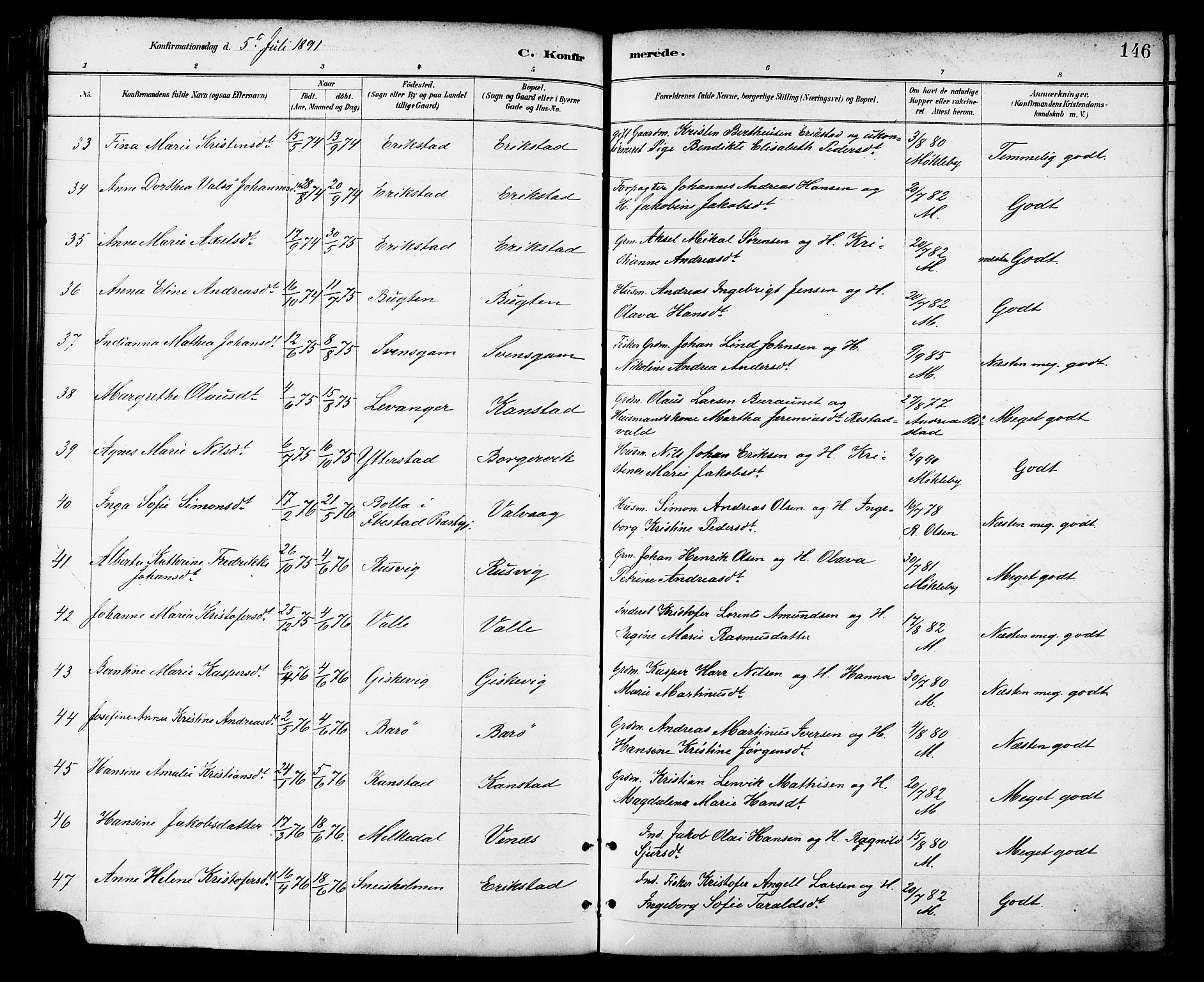 Ministerialprotokoller, klokkerbøker og fødselsregistre - Nordland, AV/SAT-A-1459/872/L1035: Parish register (official) no. 872A10, 1884-1896, p. 146