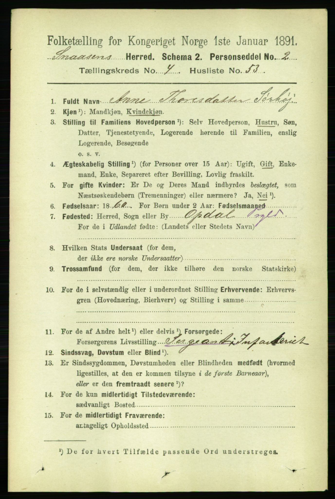 RA, 1891 census for 1736 Snåsa, 1891, p. 1399