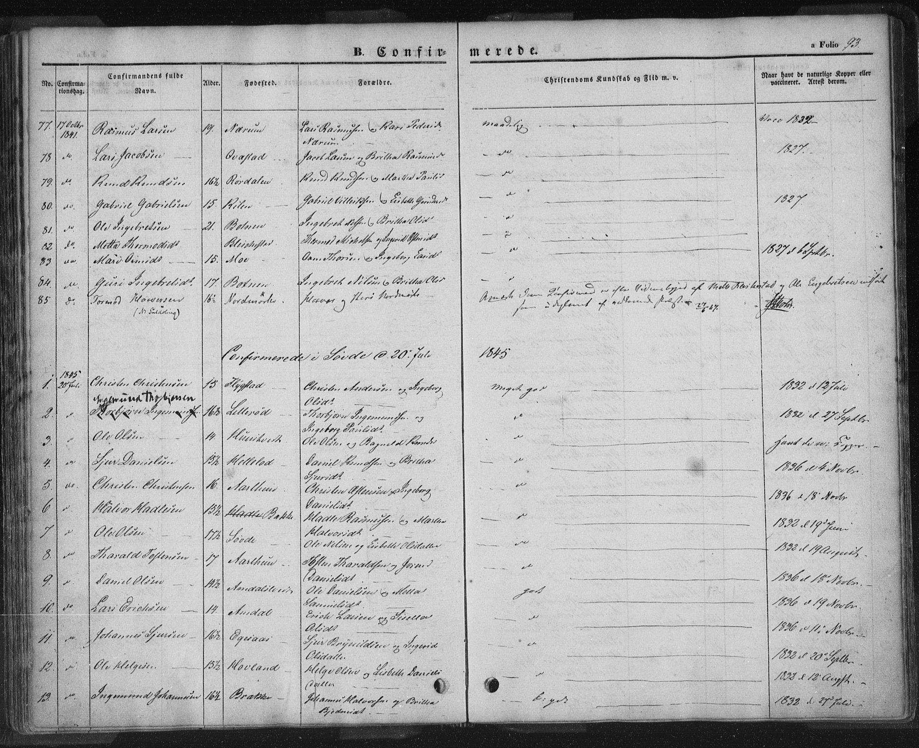 Sand sokneprestkontor, AV/SAST-A-101848/01/III/L0002: Parish register (official) no. A 2, 1838-1859, p. 93