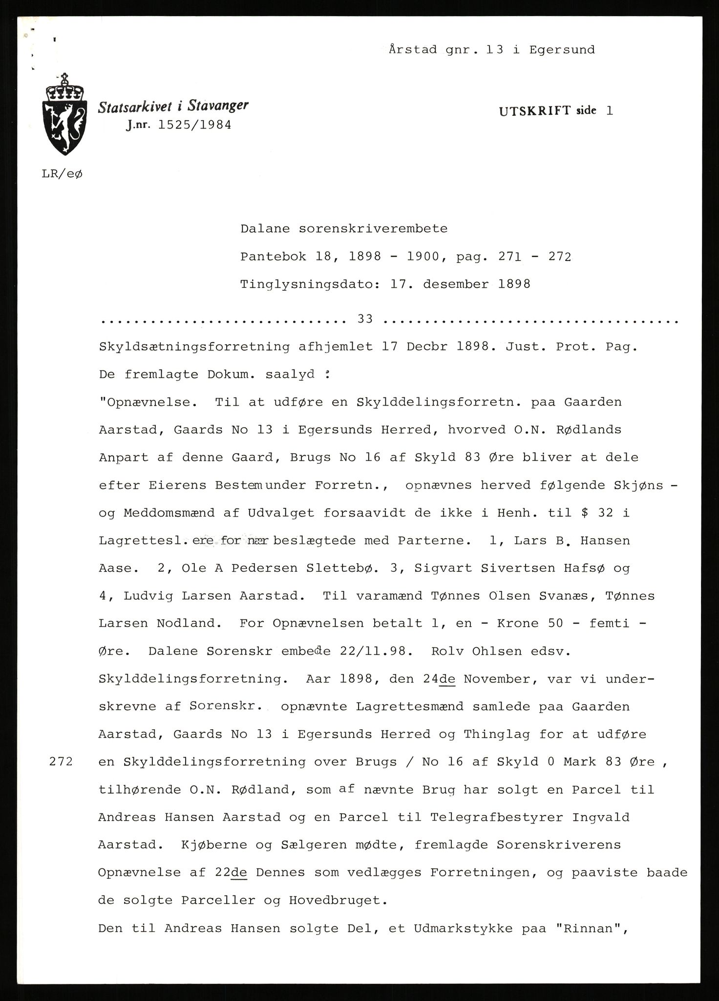 Statsarkivet i Stavanger, AV/SAST-A-101971/03/Y/Yj/L0101: Avskrifter sortert etter gårdsnavn: Årstad - Åse øvre, 1750-1930, p. 86