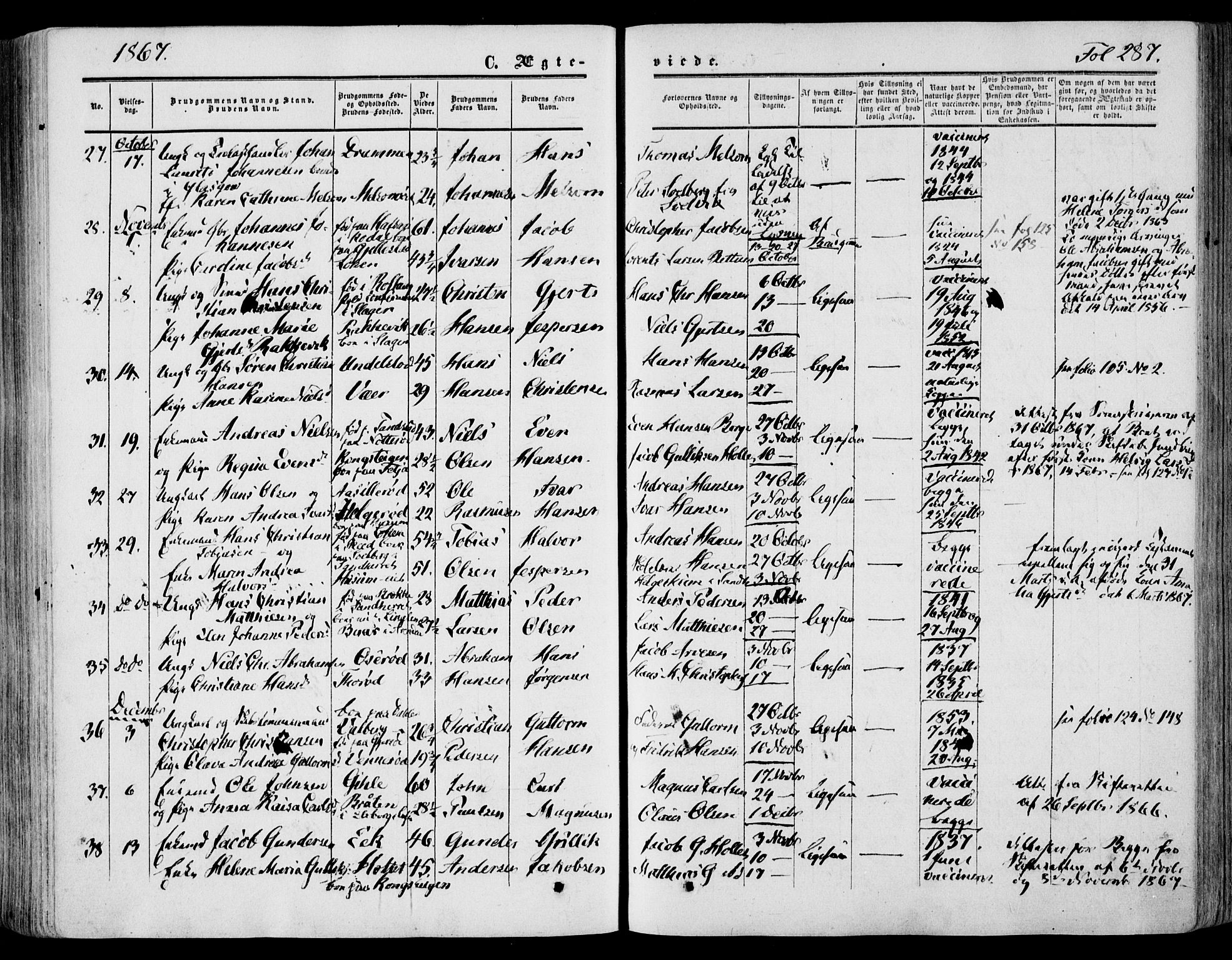 Stokke kirkebøker, AV/SAKO-A-320/F/Fa/L0008: Parish register (official) no. I 8, 1858-1871, p. 287