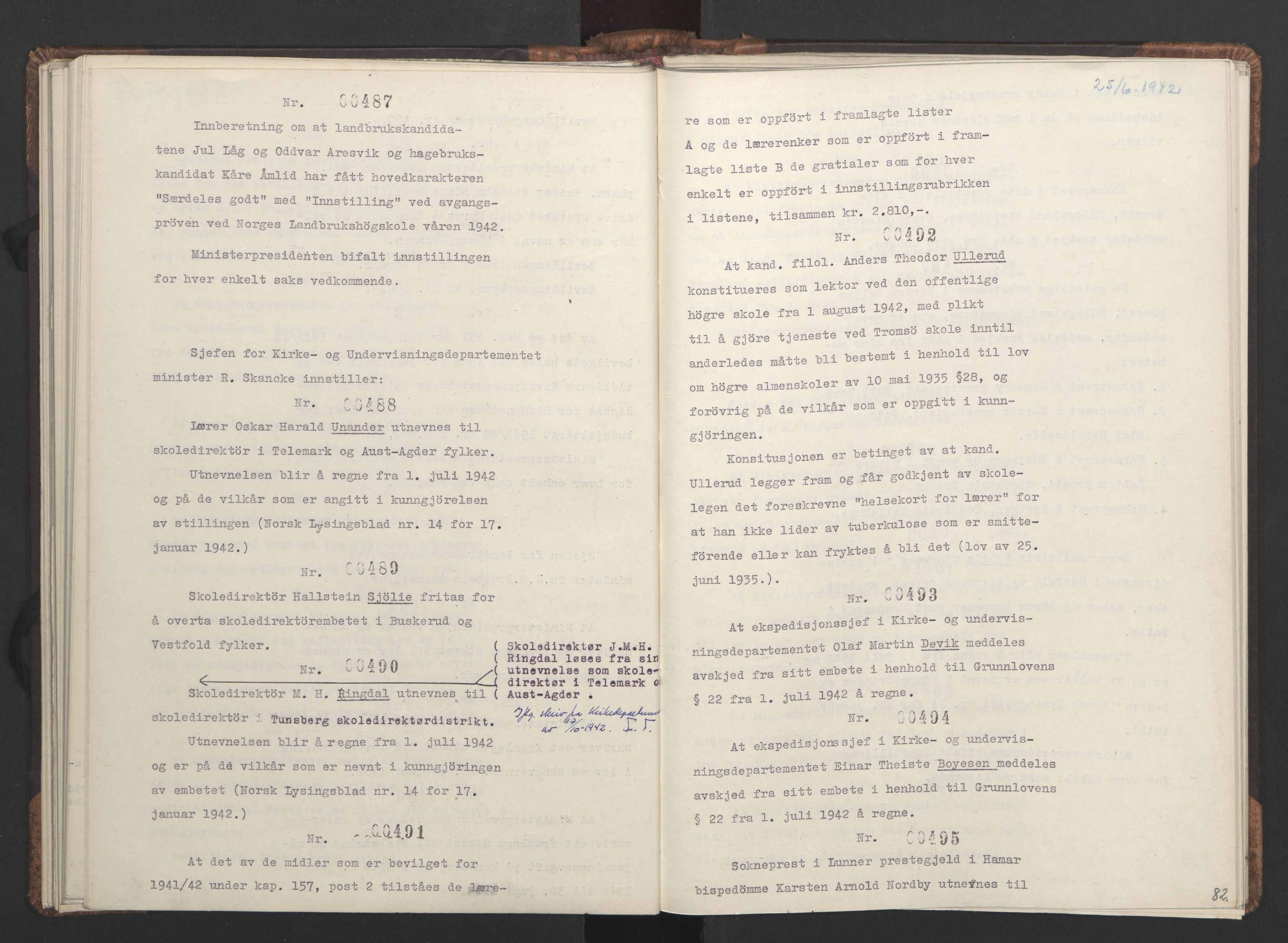 NS-administrasjonen 1940-1945 (Statsrådsekretariatet, de kommisariske statsråder mm), AV/RA-S-4279/D/Da/L0001: Beslutninger og tillegg (1-952 og 1-32), 1942, p. 85