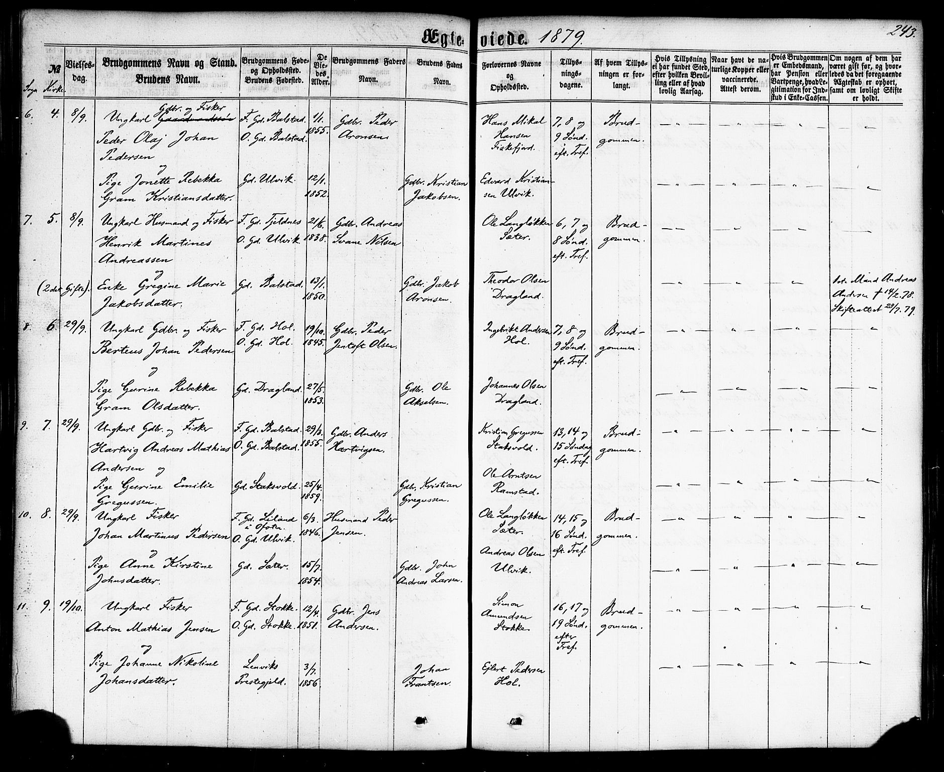 Ministerialprotokoller, klokkerbøker og fødselsregistre - Nordland, AV/SAT-A-1459/865/L0923: Parish register (official) no. 865A01, 1864-1884, p. 243