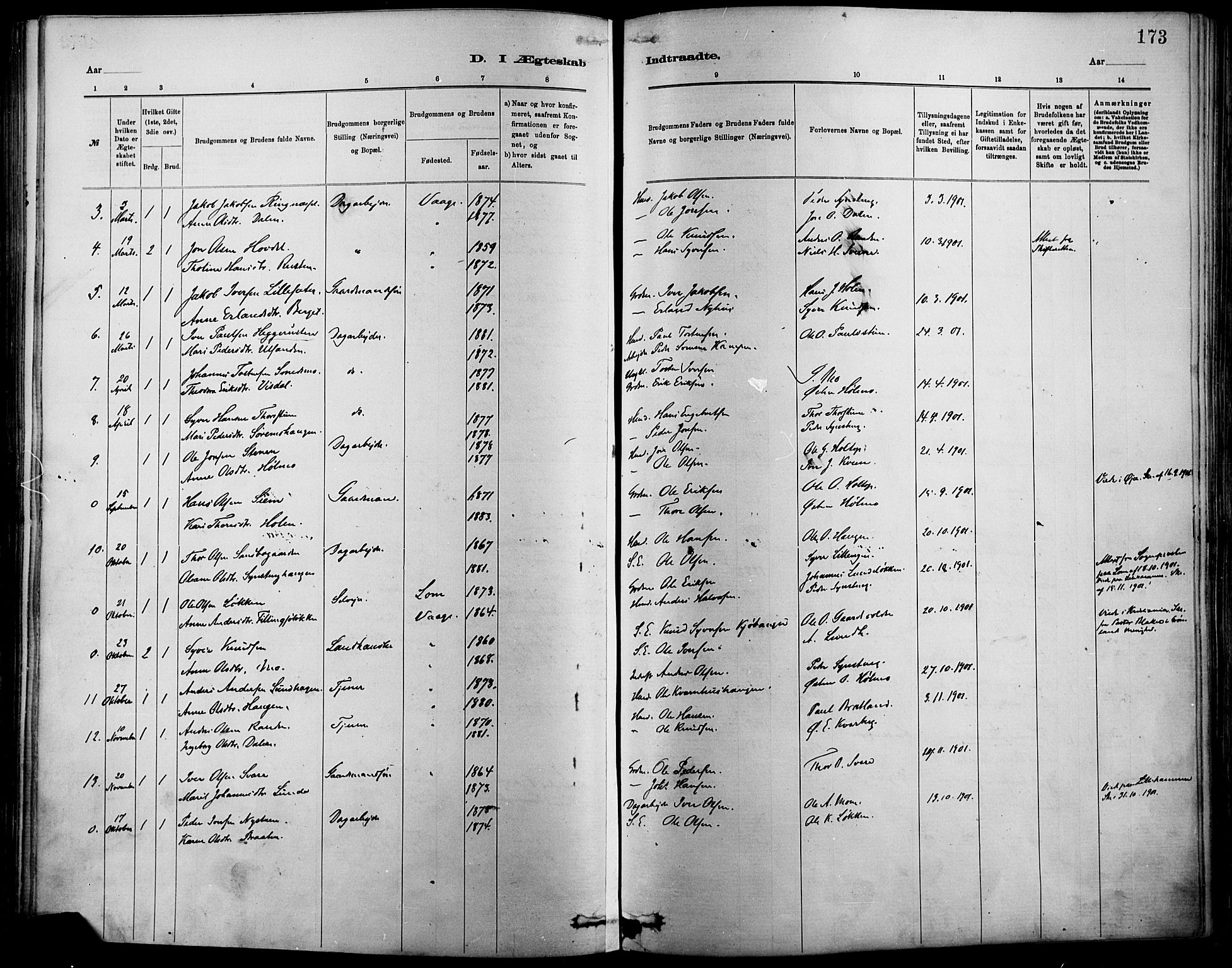 Vågå prestekontor, SAH/PREST-076/H/Ha/Haa/L0009: Parish register (official) no. 9, 1886-1904, p. 173